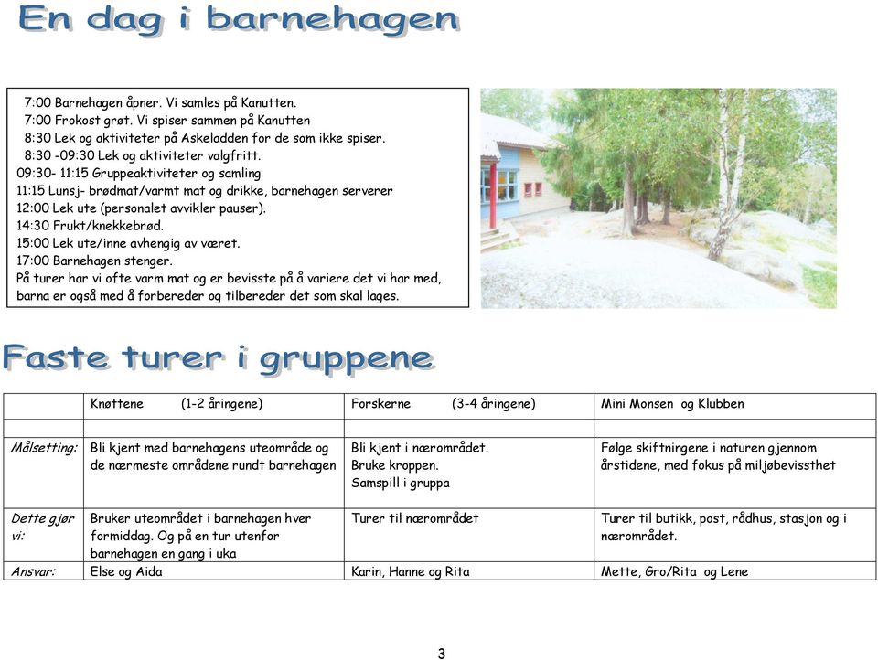 15:00 Lek ute/inne avhengig av været. 17:00 Barnehagen stenger.