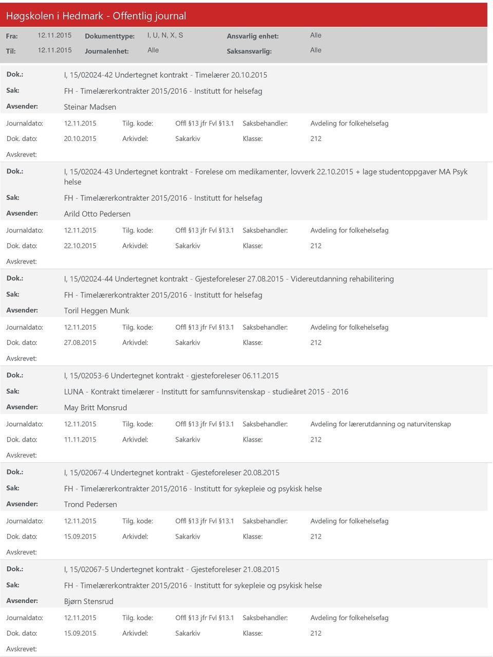 2015 - Videreutdanning rehabilitering Toril Heggen Munk Dok. dato: 27.08.2015 Arkivdel: Sakarkiv I, 15/02053-6 ndertegnet kontrakt - gjesteforeleser 06.11.