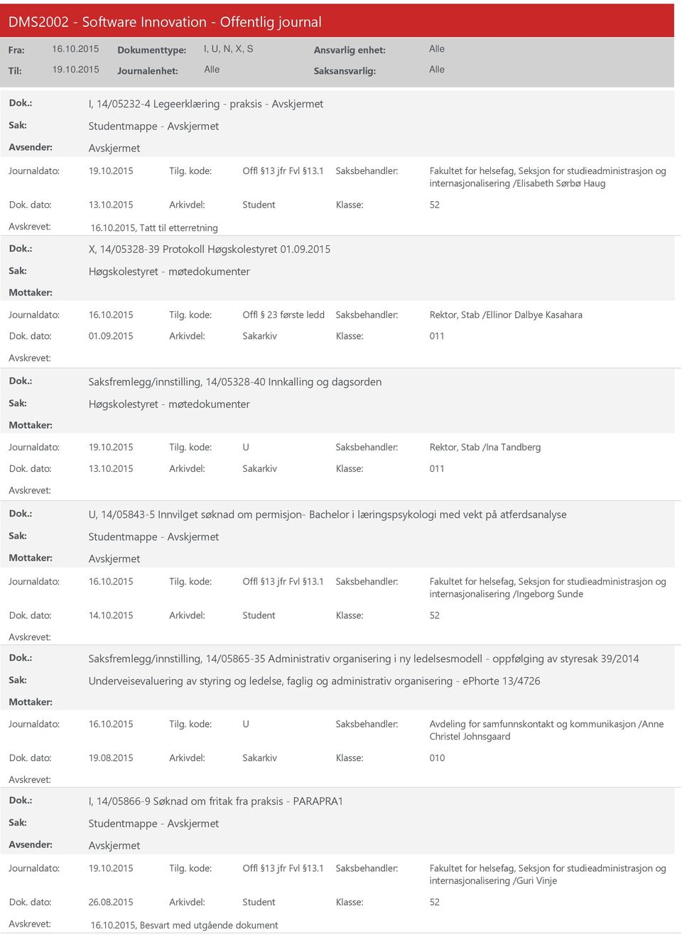 dato: 01.09.2015 Arkivdel: Sakarkiv 011 Saksfremlegg/innstilling, 14/05328-40 Innkalling og dagsorden Høgskolestyret - møtedokumenter Rektor, Stab /Ina Tandberg Dok. dato: 13.10.