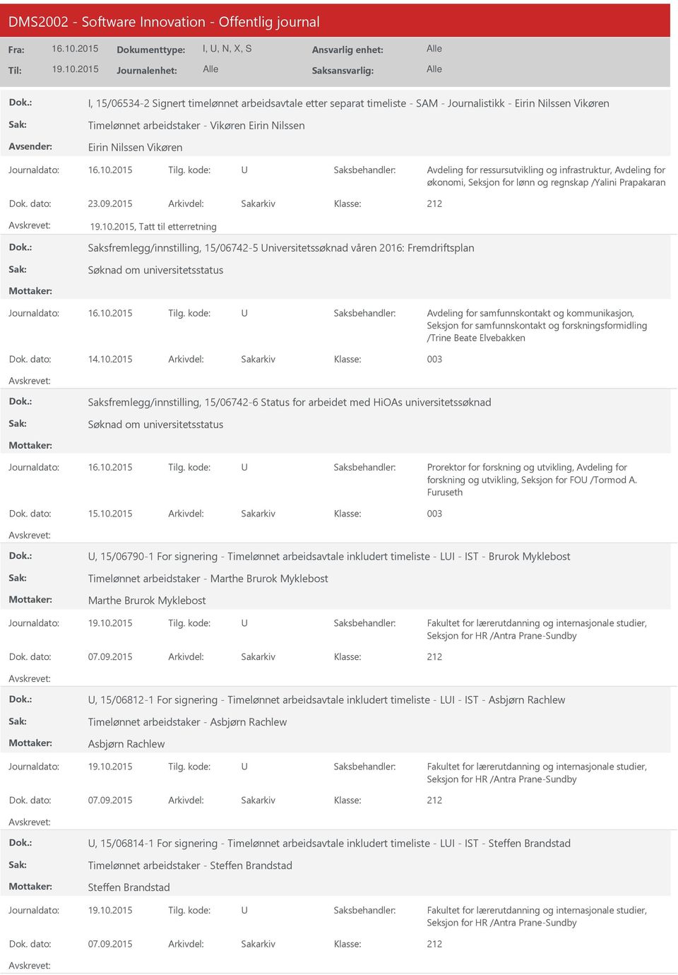 2015 Arkivdel: Sakarkiv, Tatt til etterretning Saksfremlegg/innstilling, 15/06742-5 niversitetssøknad våren 2016: Fremdriftsplan Søknad om universitetsstatus Avdeling for samfunnskontakt og