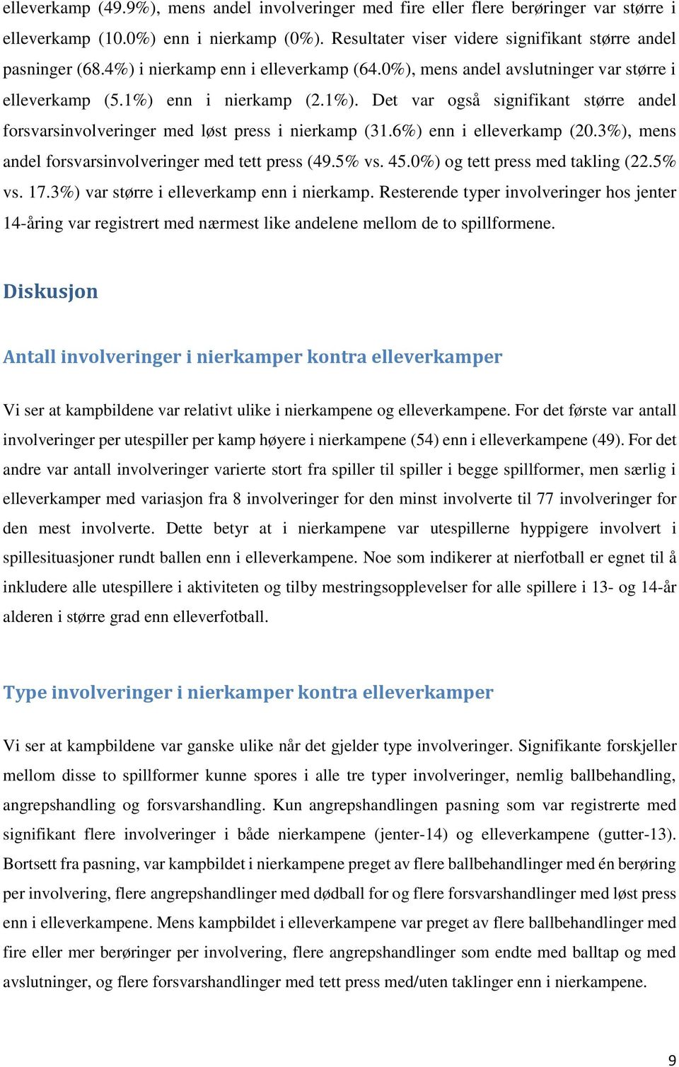 6%) enn i elleverkamp (20.3%), mens andel forsvarsinvolveringer med tett press (49.5% vs. 45.0%) og tett press med takling (22.5% vs. 17.3%) var større i elleverkamp enn i nierkamp.