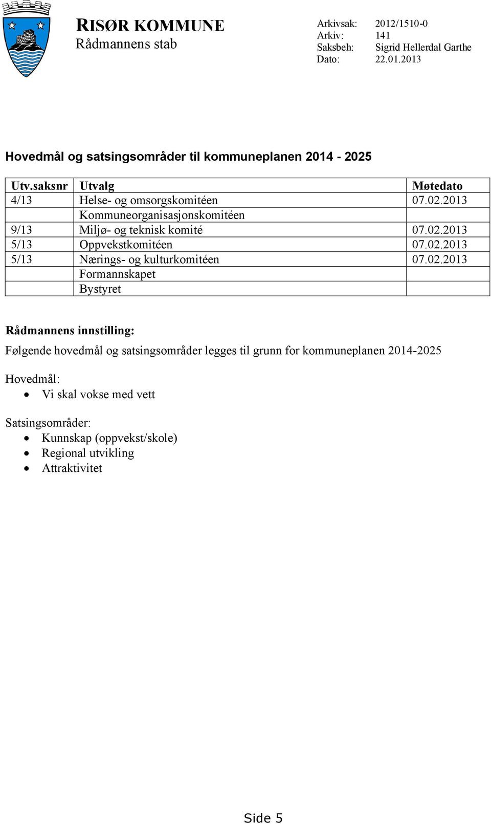 02.2013 5/13 Nærings- og kulturkomitéen 07.02.2013 Formannskapet Bystyret Rådmannens innstilling: Følgende hovedmål og satsingsområder legges til grunn for