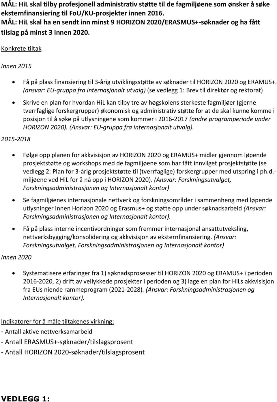 Konkrete tiltak Innen 2015 2015-2018 Innen 2020 Få på plass finansiering til 3-årig utviklingsstøtte av søknader til HORIZON 2020 og ERAMUS+.