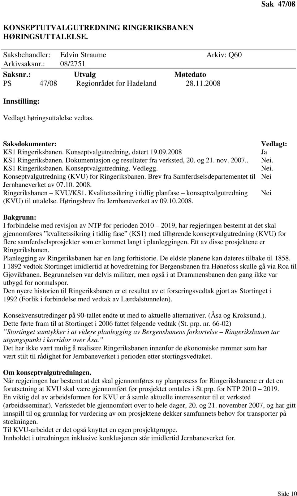 nov. 2007.. KS1 Ringeriksbanen. Konseptvalgutredning. Vedlegg. Konseptvalgutredning (KVU) for Ringeriksbanen. Brev fra Samferdselsdepartementet til Jernbaneverket av 07.10. 2008.