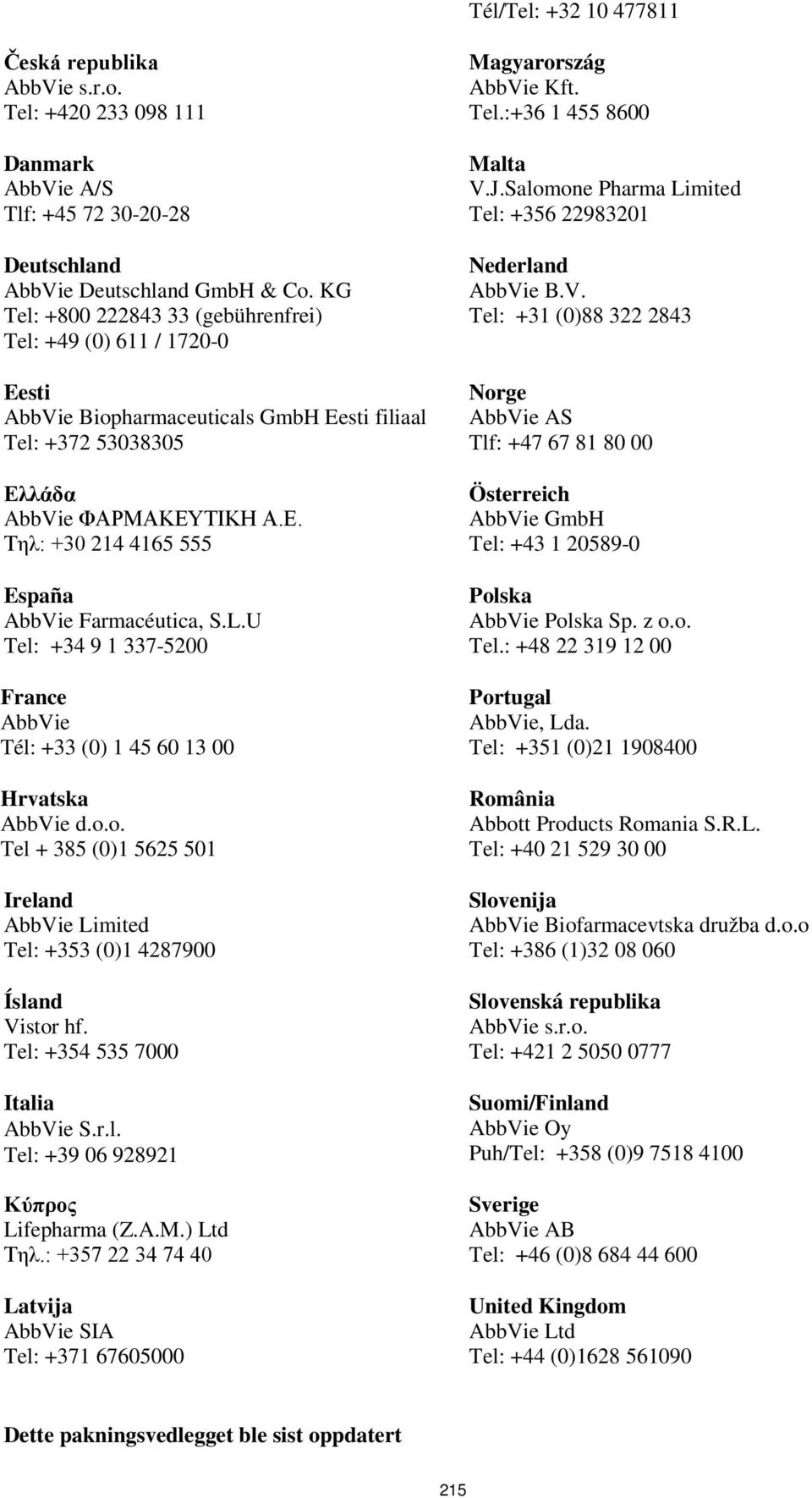 L.U Tel: +34 9 1 337-5200 France AbbVie Tél: +33 (0) 1 45 60 13 00 Hrvatska AbbVie d.o.o. Tel + 385 (0)1 5625 501 Ireland AbbVie Limited Tel: +353 (0)1 4287900 Ísland Vistor hf.