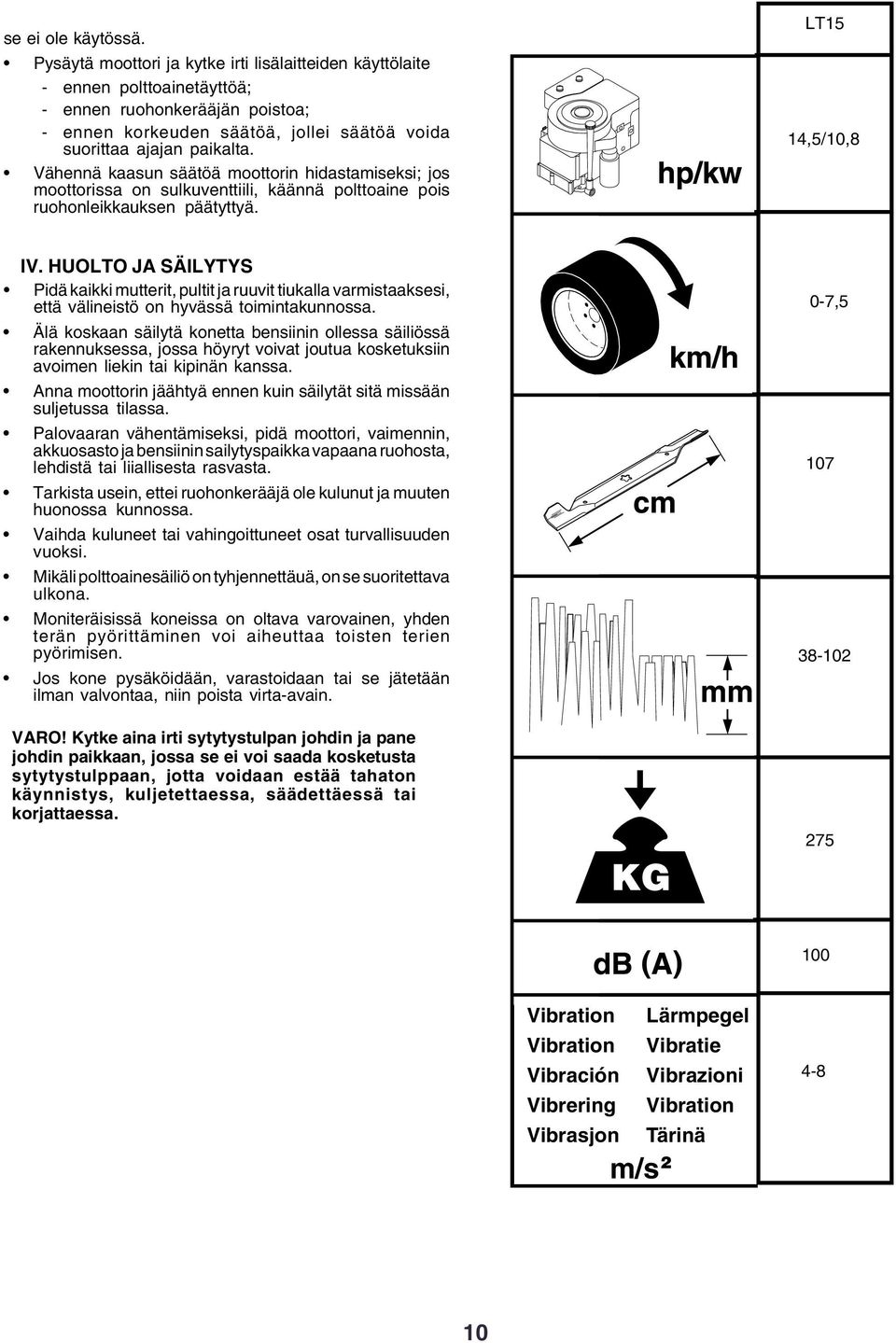 Vähennä kaasun säätöä moottorin hidastamiseksi; jos moottorissa on sulkuventtiili, käännä polttoaine pois ruohonleikkauksen päätyttyä. LT15 14,5/10,8 IV.