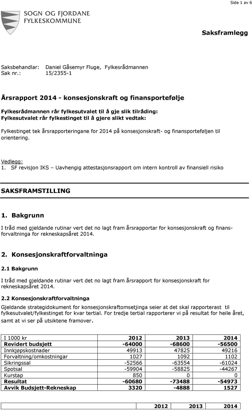 årsrapporteringane for 2014 på konsesjonskraft- og finansporteføljen til orientering. Vedlegg: 1.