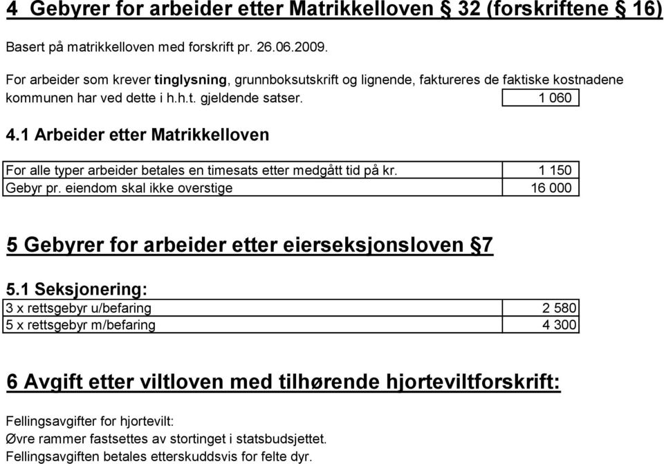 1 Arbeider etter Matrikkelloven For alle typer arbeider betales en timesats etter medgått tid på kr. 1 150 Gebyr pr.