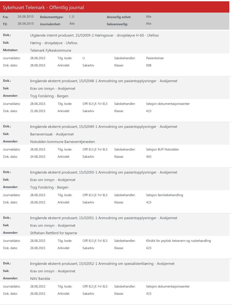 Inngående eksternt produsert, 15/02048-1 Anmodning om pasientopplysninger - Krav om innsyn - Tryg Forsikring - Bergen Dok. dato: 21.08.