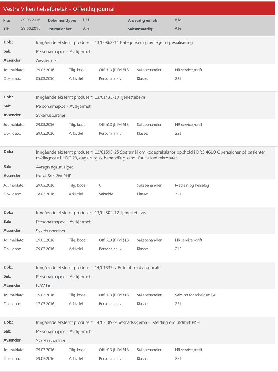 dato: Arkivdel: Personalarkiv Inngående eksternt produsert, 13/01595-25 Spørsmål om kodepraksis for opphold i DRG 461O Operasjoner på pasienter m/diagnose i HDG 23, dagkirurgisk behandling sendt fra