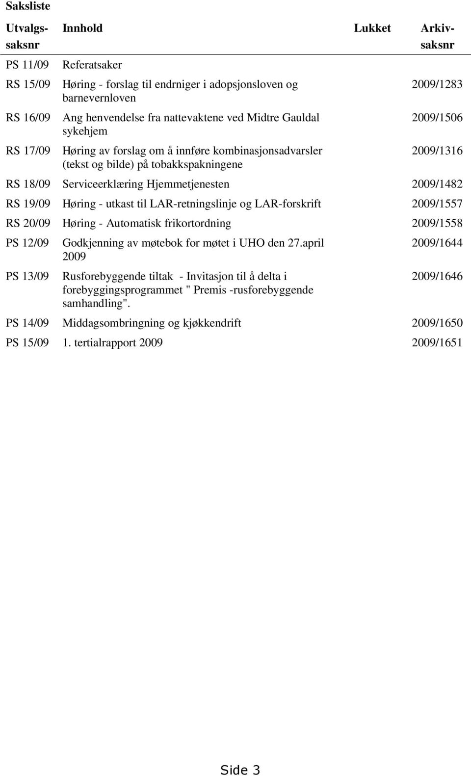 2009/1482 RS 19/09 Høring - utkast til LAR-retningslinje og LAR-forskrift 2009/1557 RS 20/09 Høring - Automatisk frikortordning 2009/1558 PS 12/09 PS 13/09 Godkjenning av møtebok for møtet i UHO den