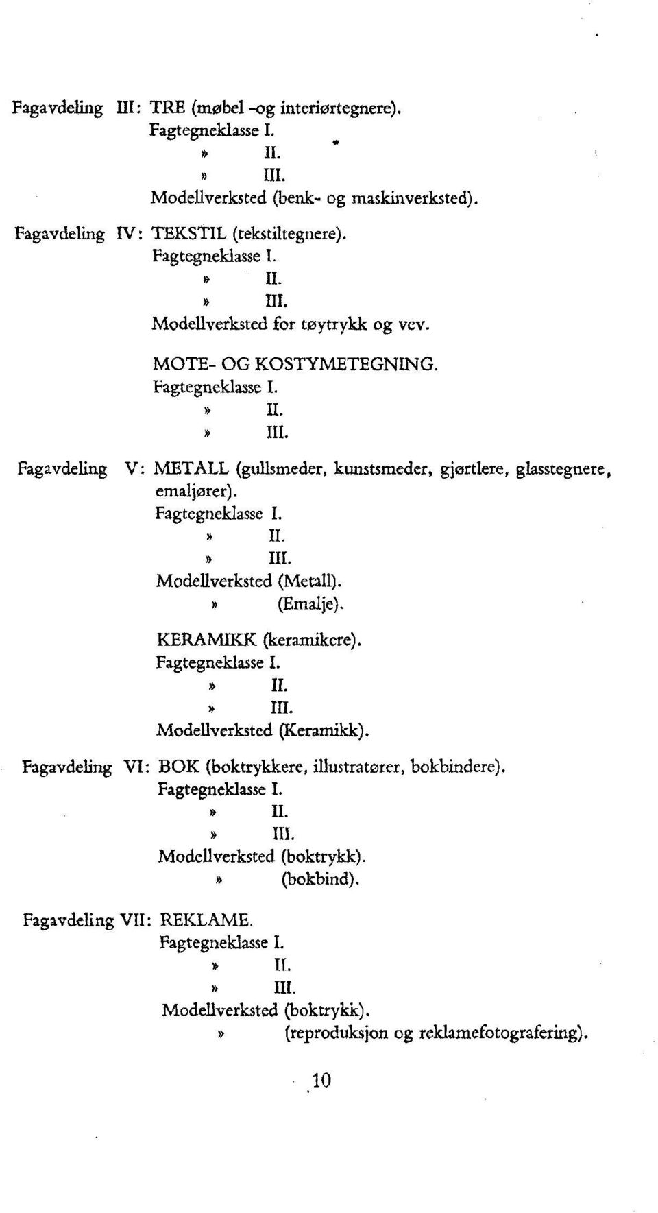 (Emalje). KERAMIKK (keramikere). ragtegneklasse I. IL IIL Modellverksted (Kerarnikk). Fagavdeling VI: BOK (boktrykkere, illustratører, bokbindere). Fagtegneklasse I.