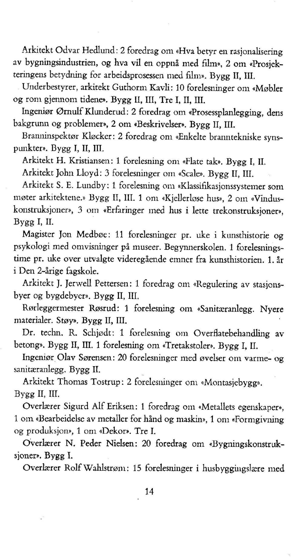 Ingeniør ørnulf Klunderud: 2 foredrag om «Prosessplanlegging, dens bakgrunn og problemer», 2 om «Beskriveiser». Bygg II, III.