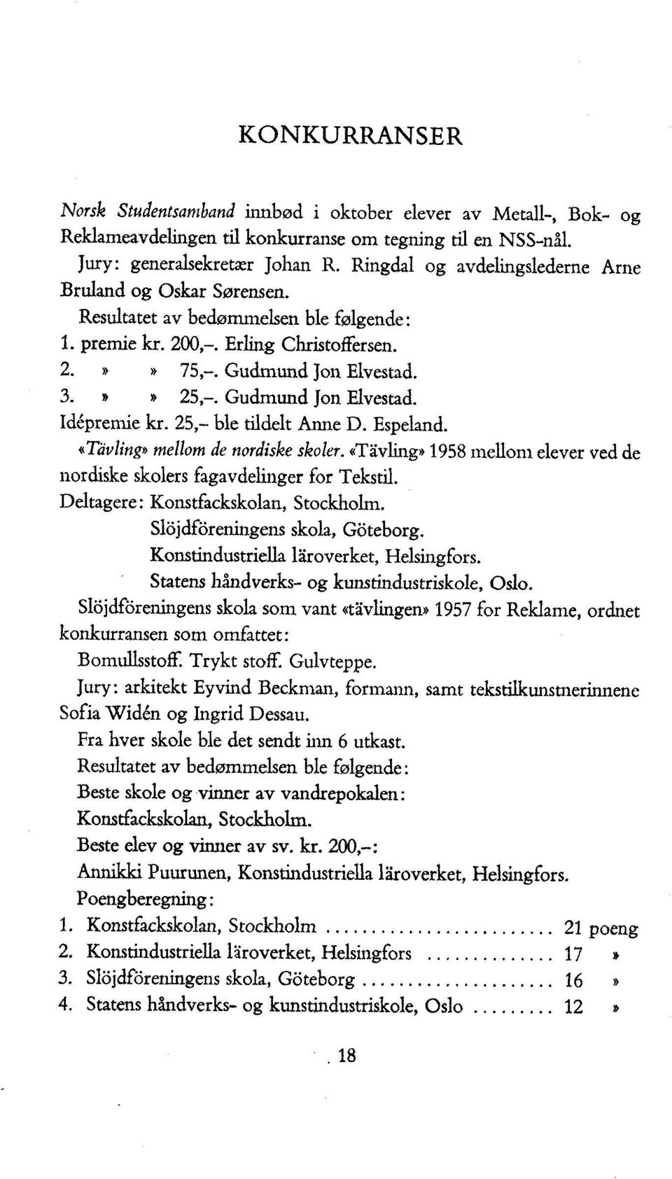 Gudmund Jon Elvestad. I&premie kr. 25,- ble tildelt Anne D. Espeland. «Tåvling» mellom de nordiske skoler.«tåvling» 1958 mellom elever ved de nordiske skolers fagavdelinger for Tekstil.