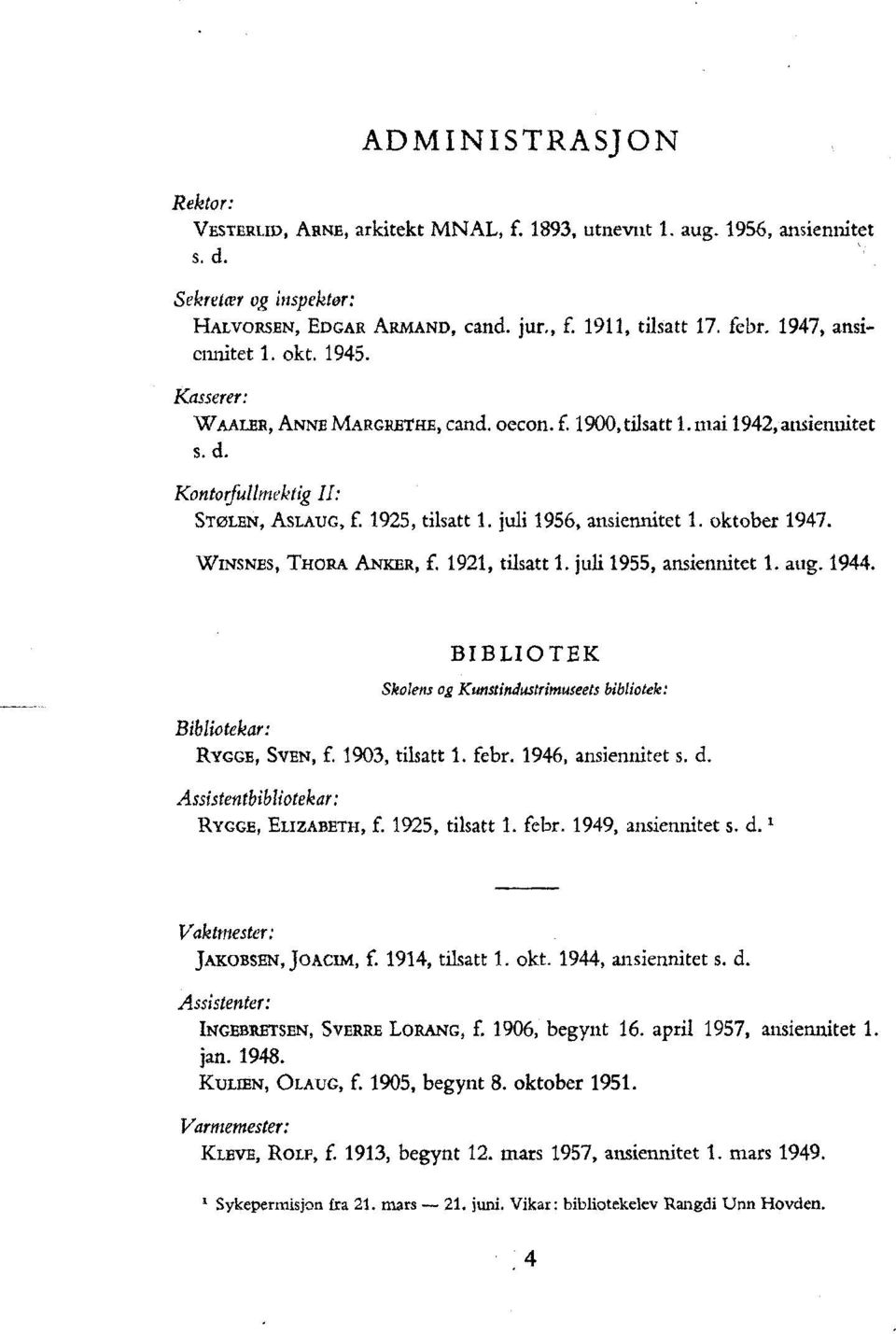 juli 1956, ansiennitet 1. oktober 1947. WINSNES, THORA ANICER, f. 1921, tilsatt 1. juli 1955, ansiennitet 1. aug. 1944.