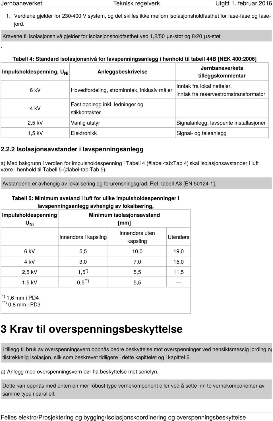 Impulsholdespenning, U Ni Anleggsbeskrivelse Jernbaneverkets tilleggskommentar 6 kv Hovedfordeling, strøminntak, inklusiv måler Inntak fra lokal netteier, inntak fra reservestrømstransformator 4 kv