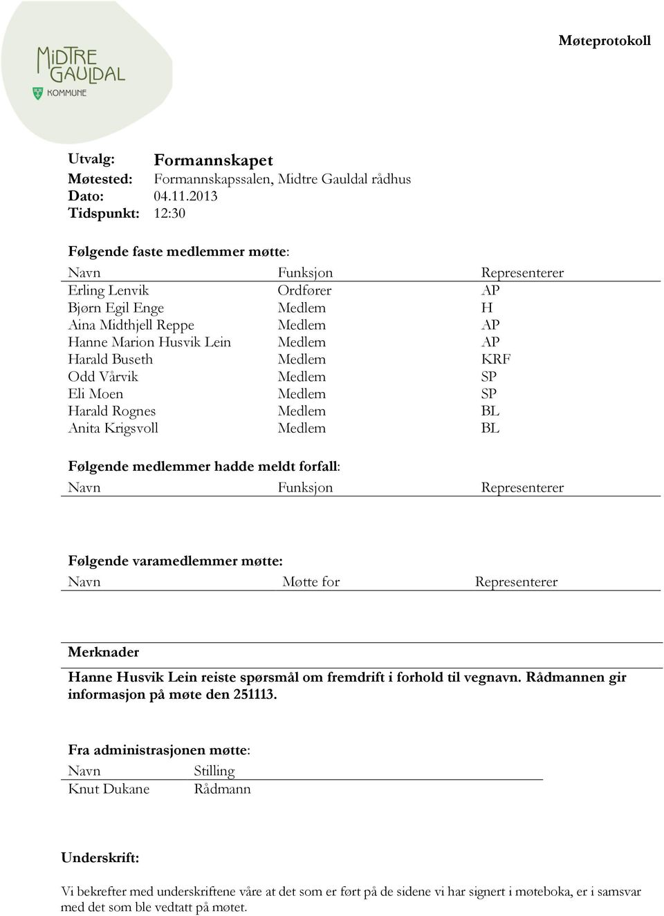 Harald Buseth Medlem KRF Odd Vårvik Medlem SP Eli Moen Medlem SP Harald Rognes Medlem BL Anita Krigsvoll Medlem BL Følgende medlemmer hadde meldt forfall: Navn Funksjon Representerer Følgende