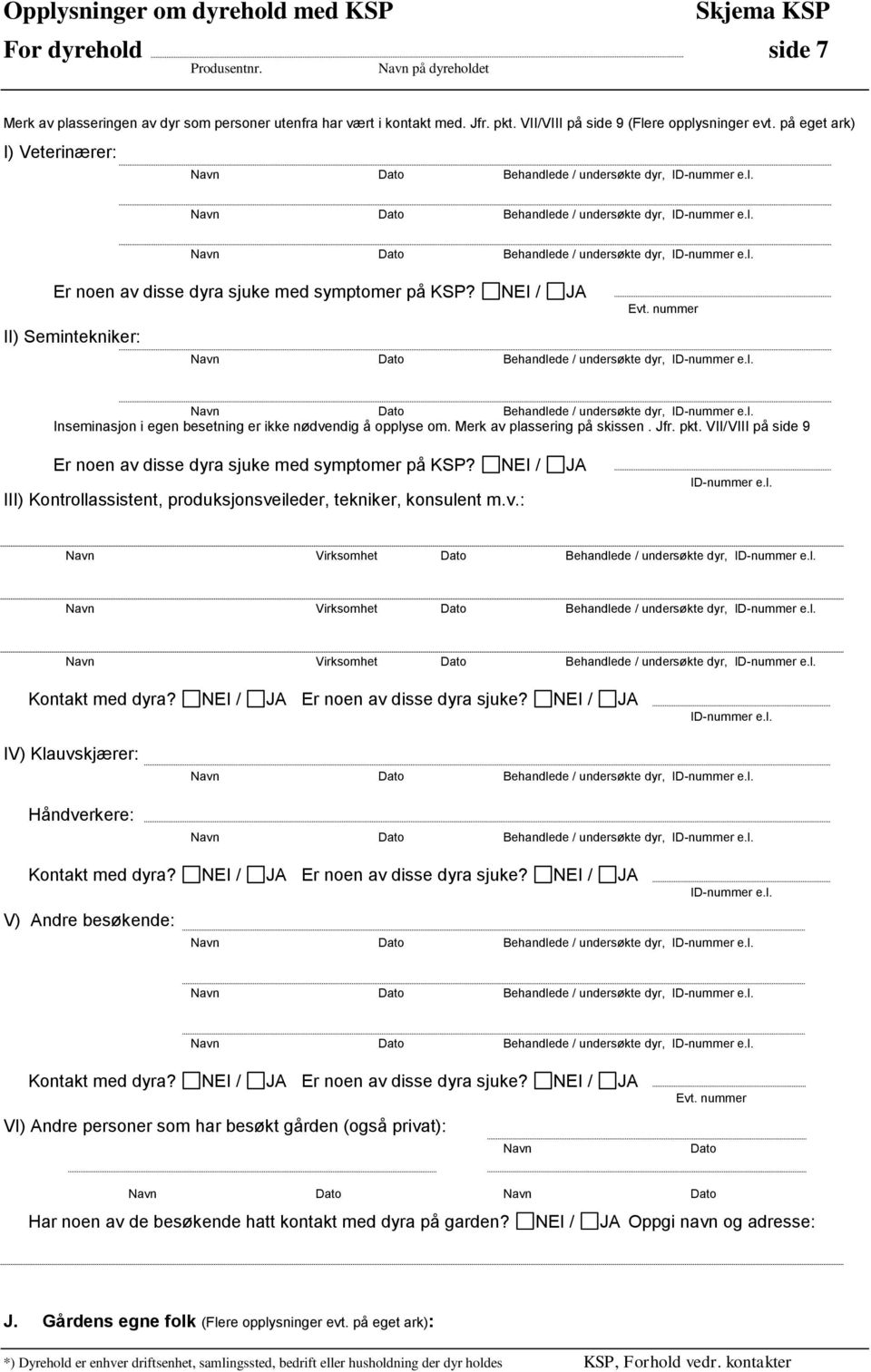Merk av plassering på skissen. Jfr. pkt. VII/VIII på side 9 Er noen av disse dyra sjuke med symptomer på KSP? NEI / JA III) Kontrollassistent, produksjonsveileder, tekniker, konsulent m.v.: ID-nummer e.