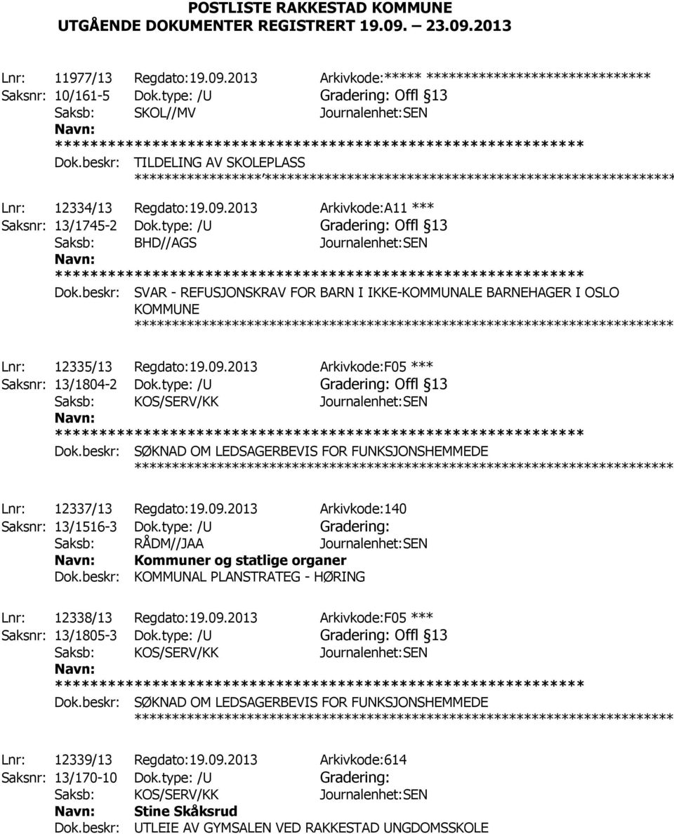 type: /U Gradering: Offl 13 Saksb: BHD//AGS Journalenhet:SEN Dok.beskr: SVAR - REFUSJONSKRAV FOR BARN I IKKE-KOMMUNALE BARNEHAGER I OSLO KOMMUNE ************ Lnr: 12335/13 Regdato:19.09.