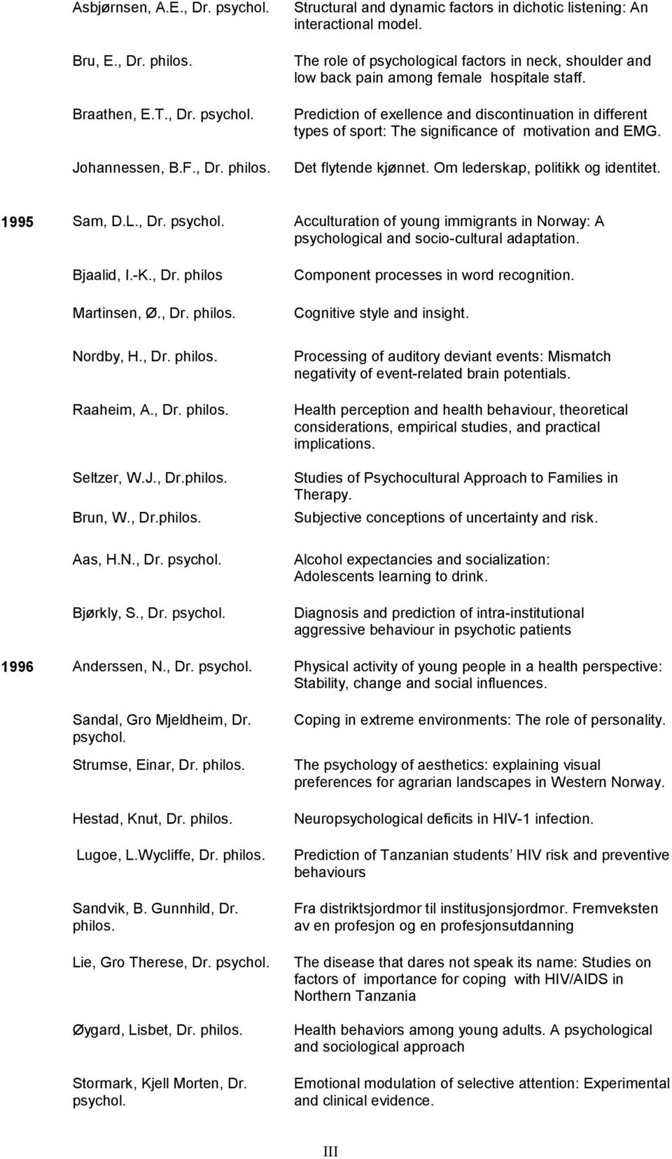 Prediction of exellence and discontinuation in different types of sport: The significance of motivation and EMG. Det flytende kjønnet. Om lederskap, politikk og identitet. 1995 Sam, D.L., Dr. psychol.