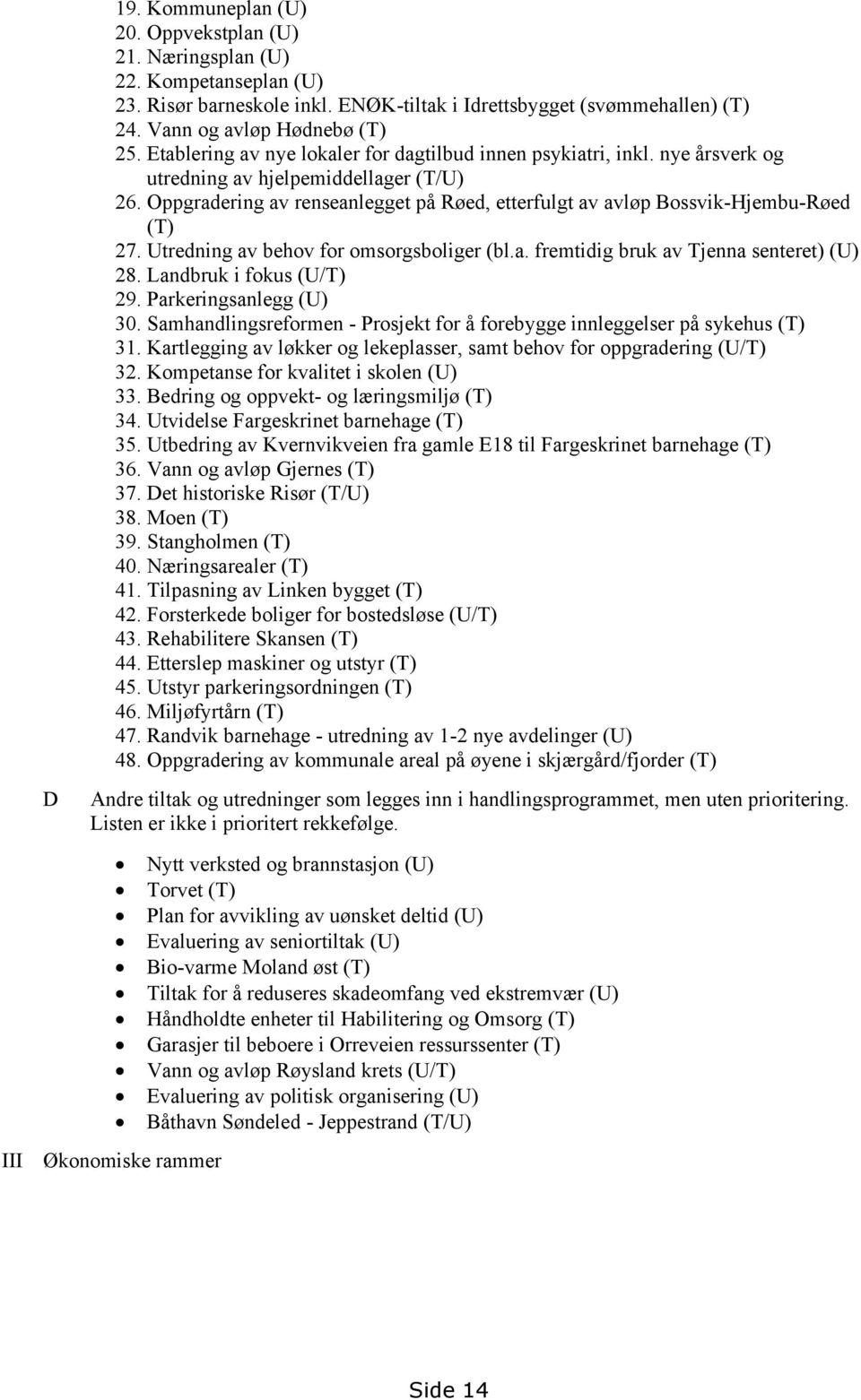 Oppgradering av renseanlegget på Røed, etterfulgt av avløp Bossvik-Hjembu-Røed (T) 27. Utredning av behov for omsorgsboliger (bl.a. fremtidig bruk av Tjenna senteret) (U) 28.