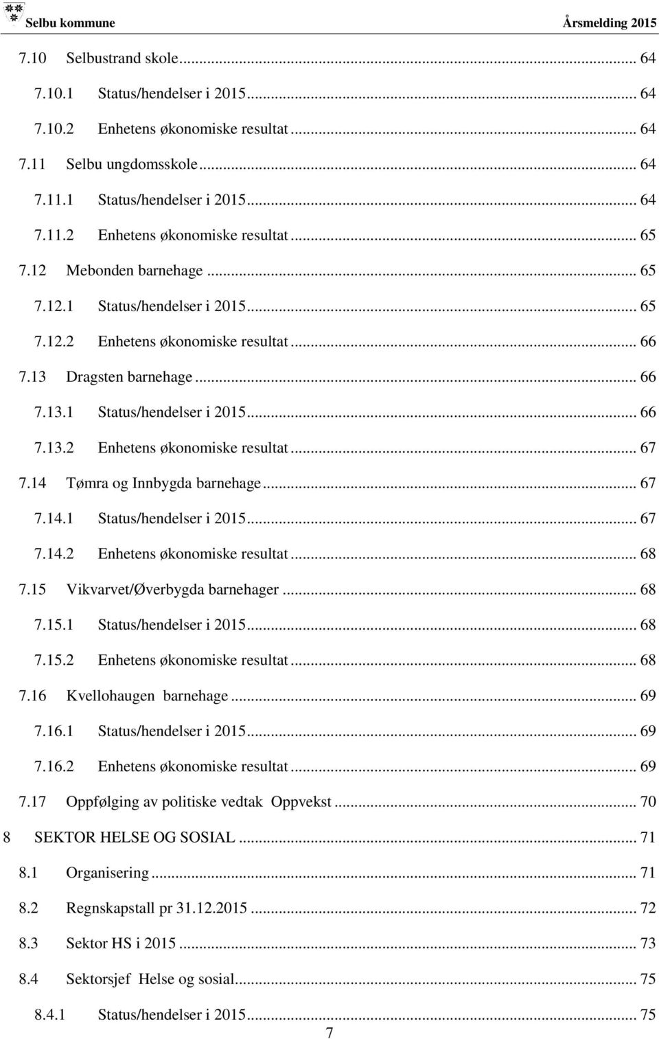 14 Tømra og Innbygda barnehage... 67 7.14.1 Status/hendelser i 2015... 67 7.14.2 Enhetens økonomiske resultat... 68 7.15 Vikvarvet/Øverbygda barnehager... 68 7.15.1 Status/hendelser i 2015... 68 7.15.2 Enhetens økonomiske resultat... 68 7.16 Kvellohaugen barnehage.