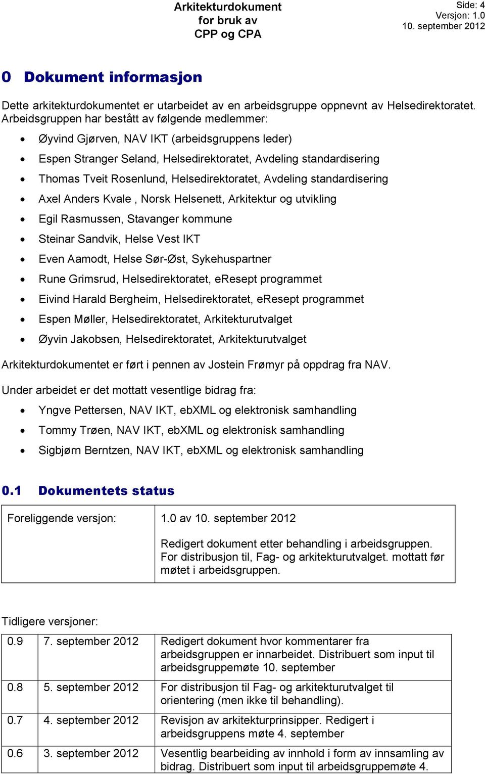 Helsedirektoratet, Avdeling standardisering Axel Anders Kvale, Norsk Helsenett, Arkitektur og utvikling Egil Rasmussen, Stavanger kommune Steinar Sandvik, Helse Vest IKT Even Aamodt, Helse Sør-Øst,