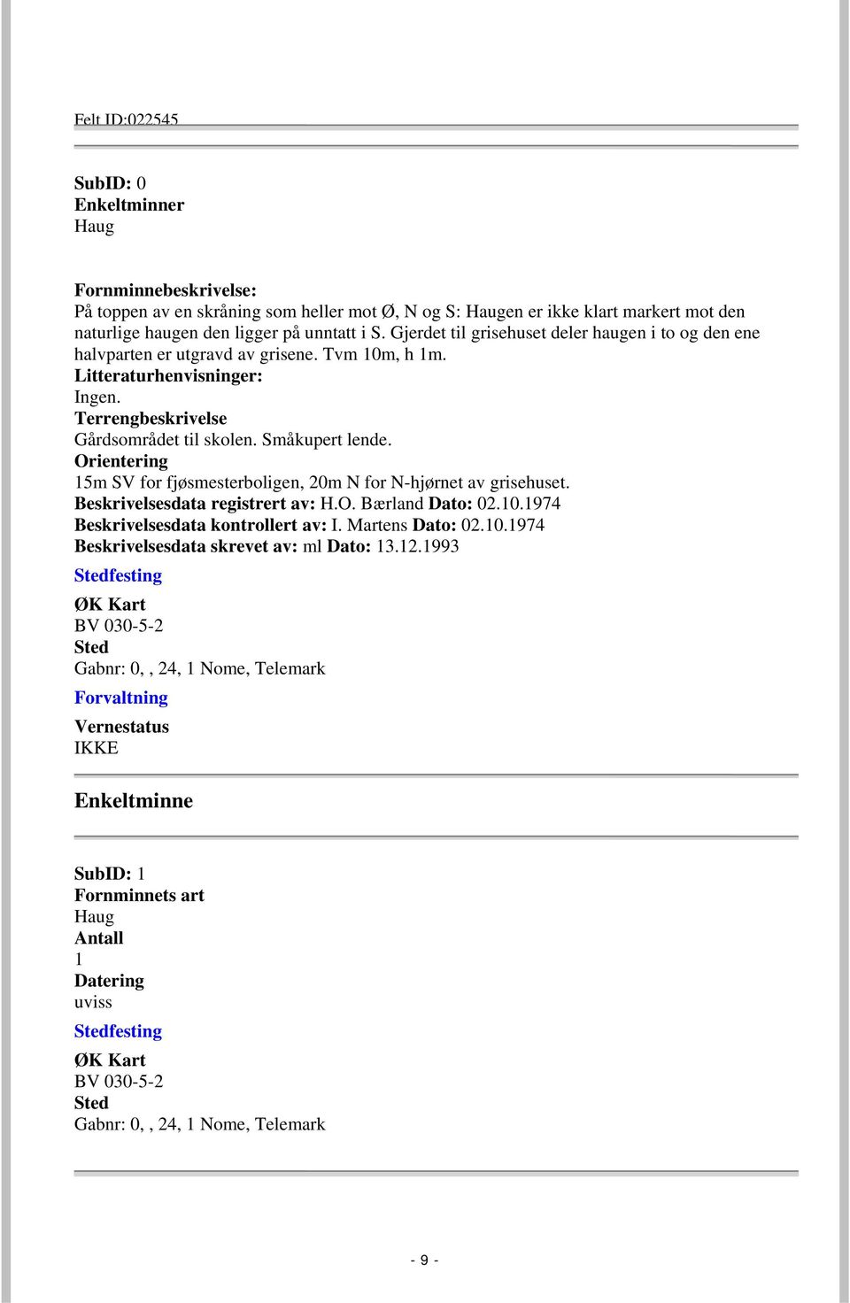 Orientering 15m SV for fjøsmesterboligen, 20m N for N-hjørnet av grisehuset. Beskrivelsesdata registrert av: H.O. Bærland Dato: 02.10.1974 Beskrivelsesdata kontrollert av: I. Martens Dato: 02.10.1974 Beskrivelsesdata skrevet av: ml Dato: 13.