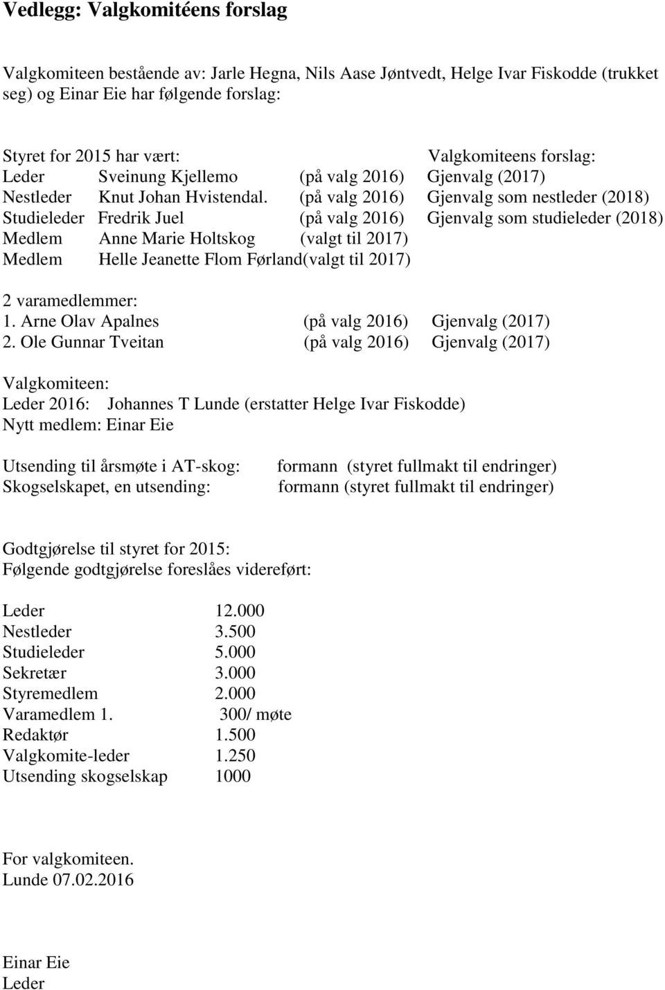 (på valg 2016) Gjenvalg som nestleder (2018) Studieleder Fredrik Juel (på valg 2016) Gjenvalg som studieleder (2018) Medlem Anne Marie Holtskog (valgt til 2017) Medlem Helle Jeanette Flom