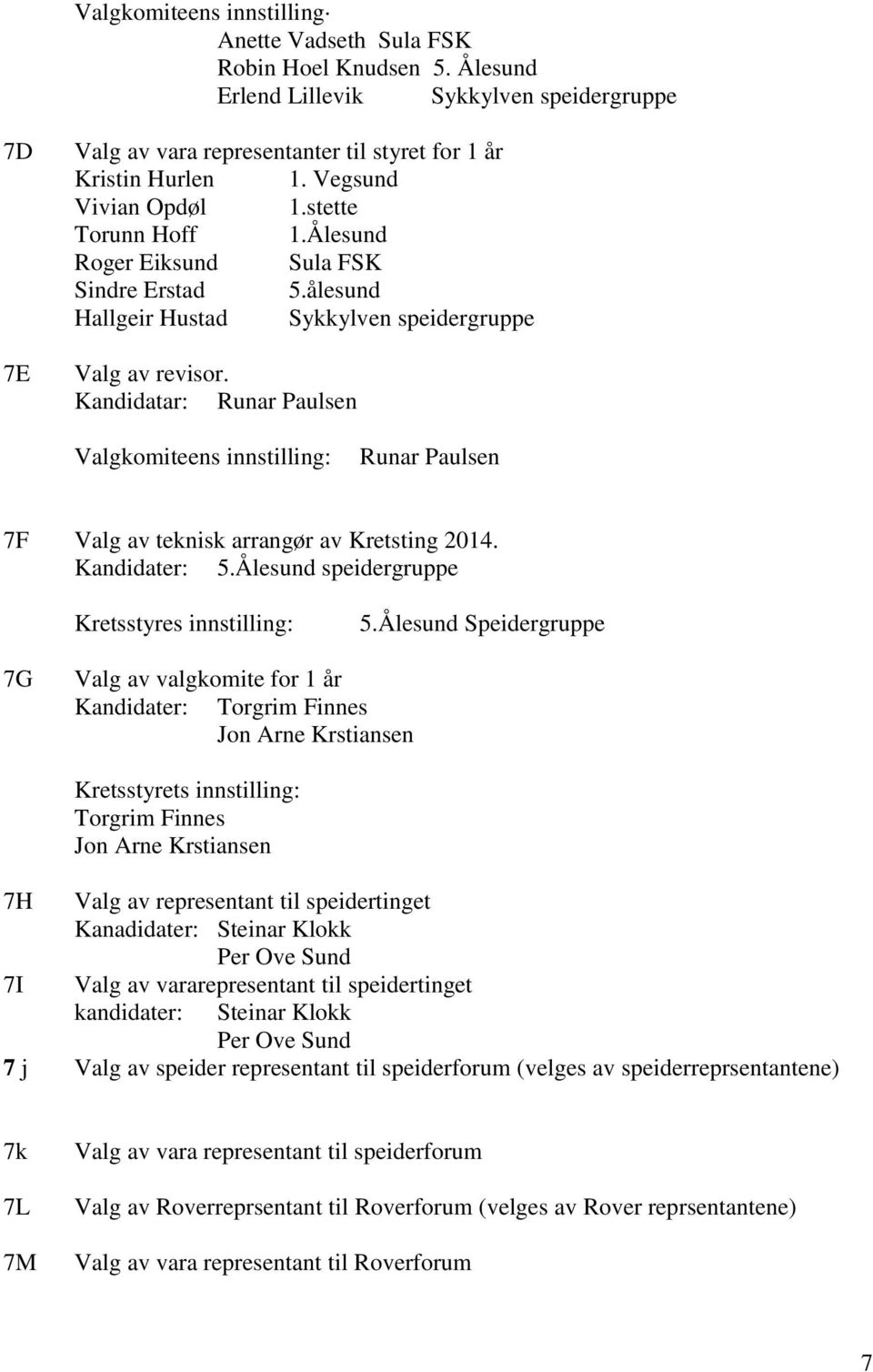 Kandidatar: Runar Paulsen Valgkomiteens innstilling: Runar Paulsen 7F Valg av teknisk arrangør av Kretsting 2014. Kandidater: 5.Ålesund speidergruppe Kretsstyres innstilling: 5.