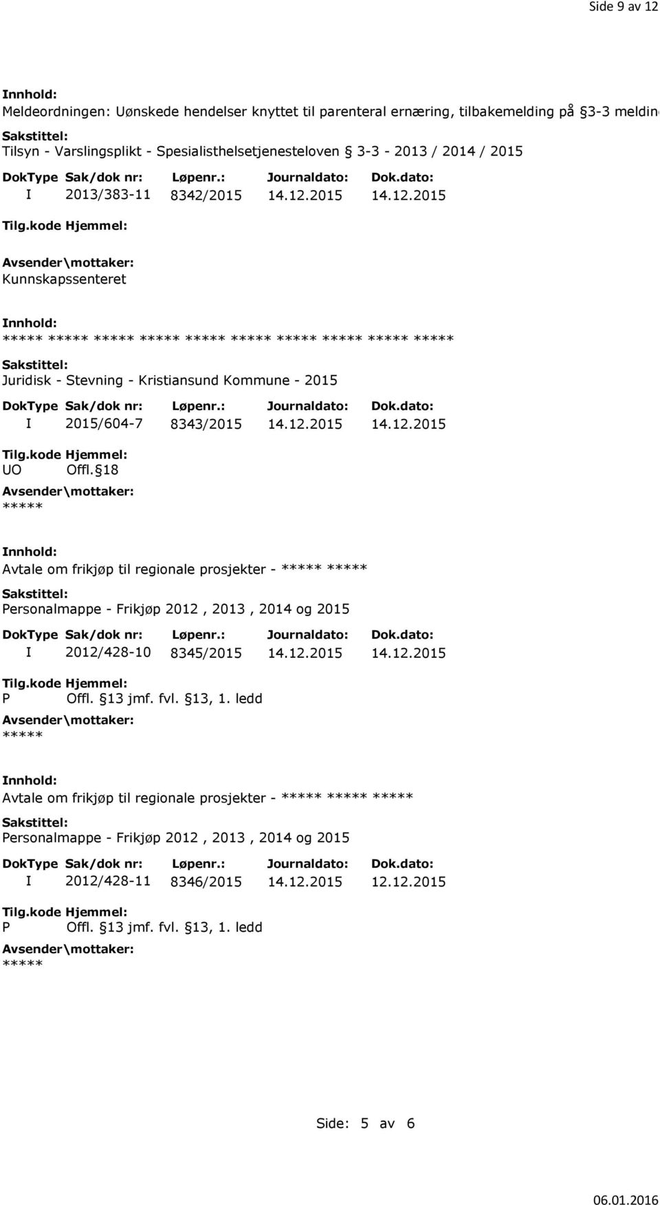 18 ***** Avtale om frikjøp til regionale prosjekter - ***** ***** Personalmappe - Frikjøp 2012, 2013, 2014 og 2015 Tilg.kode P 2012/428-10 8345/2015 Hjemmel: Offl. 13 jmf. fvl. 13, 1.