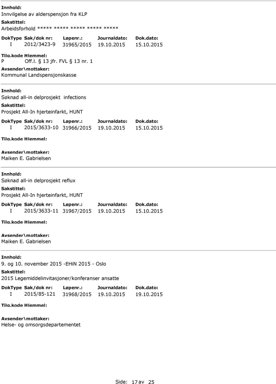 1 Kommunal Landspensjonskasse Søknad all-in delprosjekt infections rosjekt All-n hjerteinfarkt, HNT 2015/3633-10 31966/2015