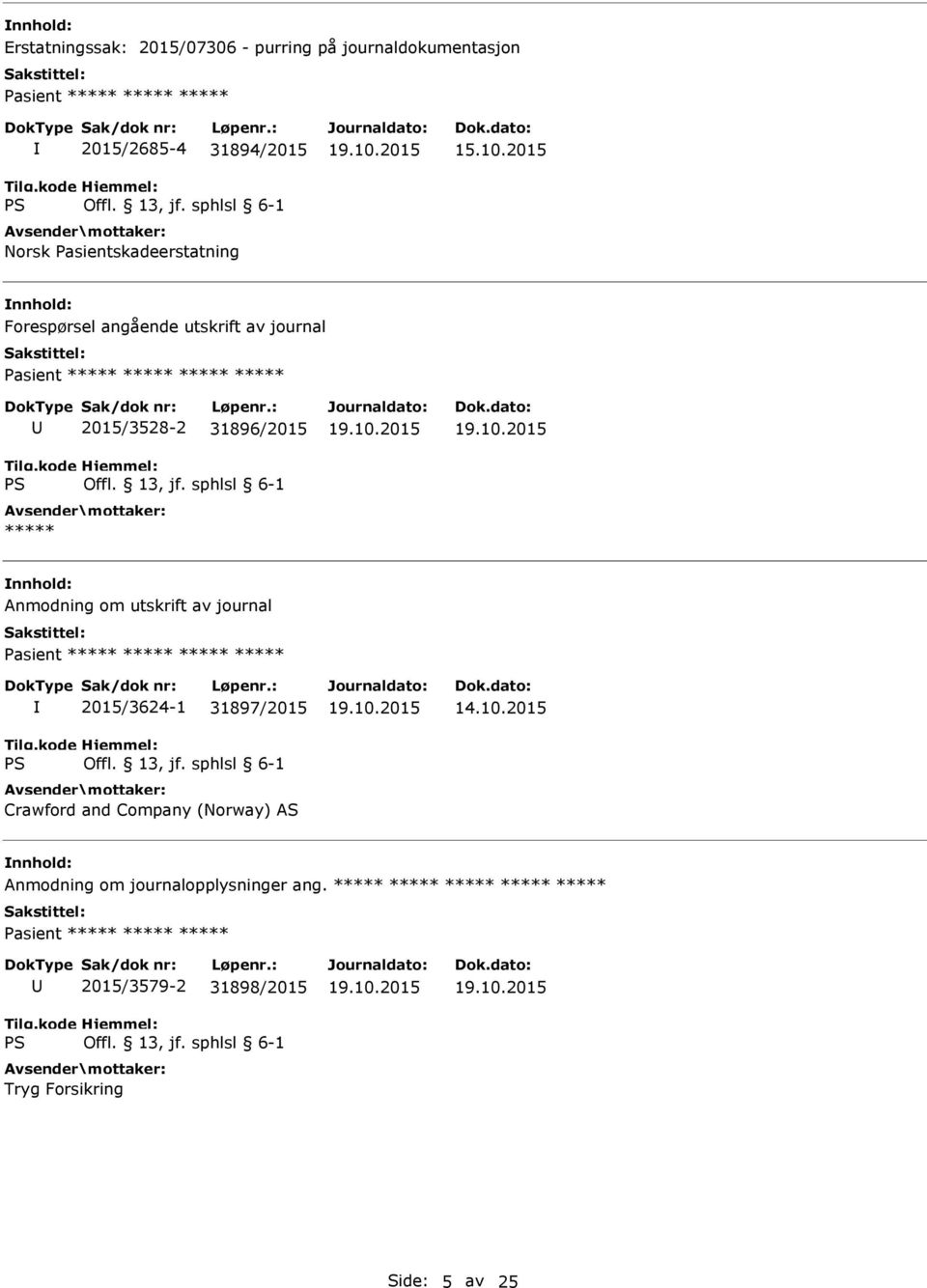 Anmodning om utskrift av journal asient ***** ***** ***** ***** 2015/3624-1 31897/2015 Crawford and Company (Norway) AS 14.10.