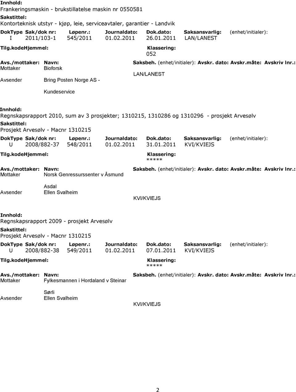 01.02.2011 26.01.2011 LAN/LANEST Bring Posten Norge AS - 052 LAN/LANEST Kundeservice Regnskapsrapport 2010, sum av 3 prosjekter; 1310215, 1310286 og 1310296 - prosjekt