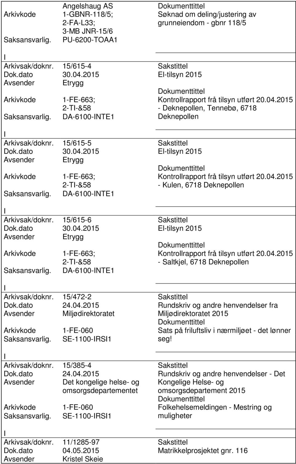 dato 30.04.2015 El-tilsyn 2015 Avsender Etrygg 1-FE-663; 2-T-&58 DA-6100-NTE1 Kontrollrapport frå tilsyn utført 20.04.2015 - Deknepollen, Tennebø, 6718 Deknepollen Kontrollrapport frå tilsyn utført 20.