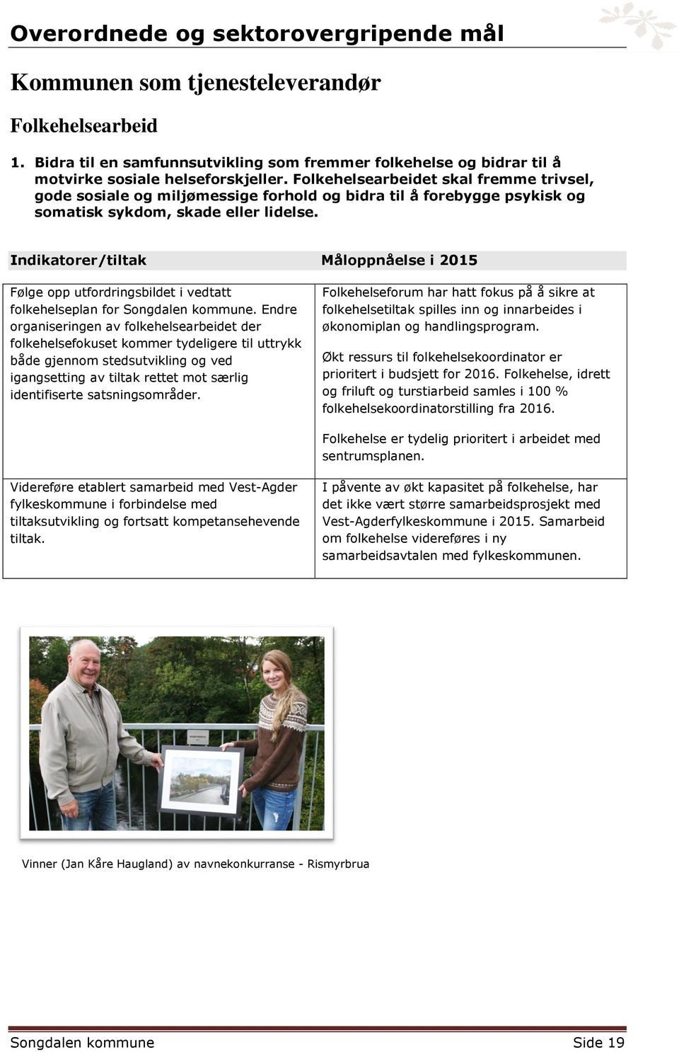 Følge opp utfordringsbildet i vedtatt folkehelseplan for Songdalen kommune.