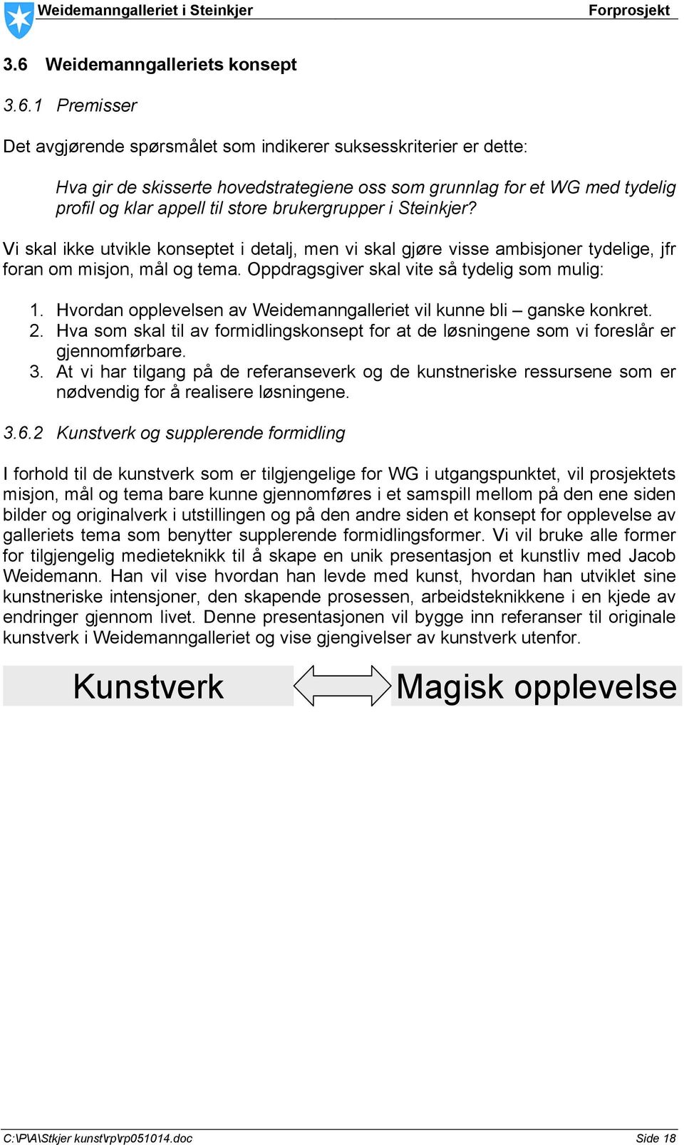 Oppdragsgiver skal vite så tydelig som mulig: 1. Hvordan opplevelsen av Weidemanngalleriet vil kunne bli ganske konkret. 2.