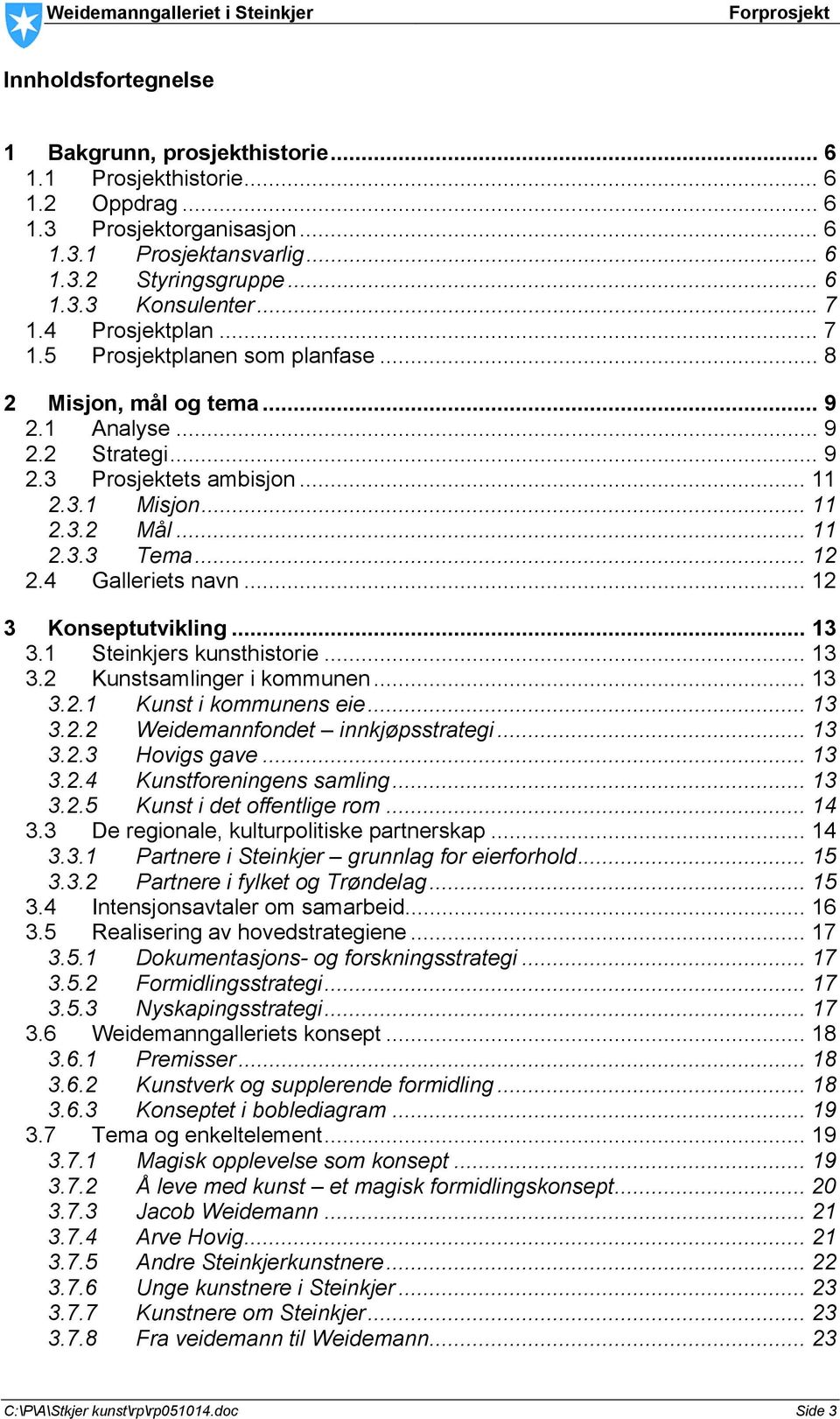 .. 12 2.4 Galleriets navn... 12 3 Konseptutvikling... 13 3.1 Steinkjers kunsthistorie... 13 3.2 Kunstsamlinger i kommunen... 13 3.2.1 Kunst i kommunens eie... 13 3.2.2 Weidemannfondet innkjøpsstrategi.