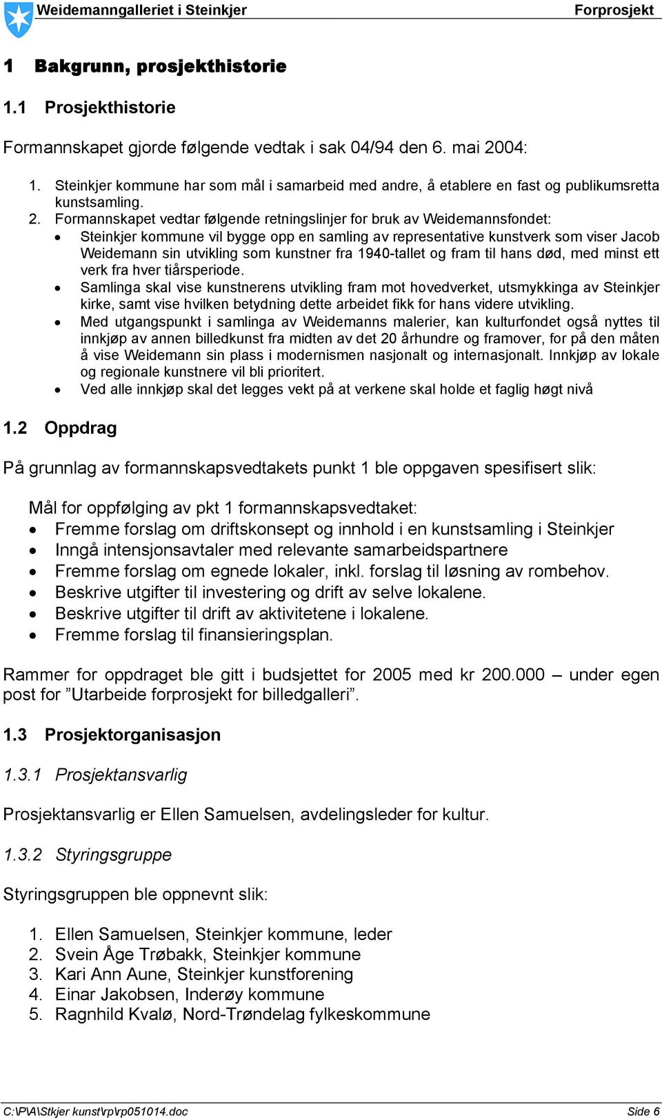 Formannskapet vedtar følgende retningslinjer for bruk av Weidemannsfondet: Steinkjer kommune vil bygge opp en samling av representative kunstverk som viser Jacob Weidemann sin utvikling som kunstner