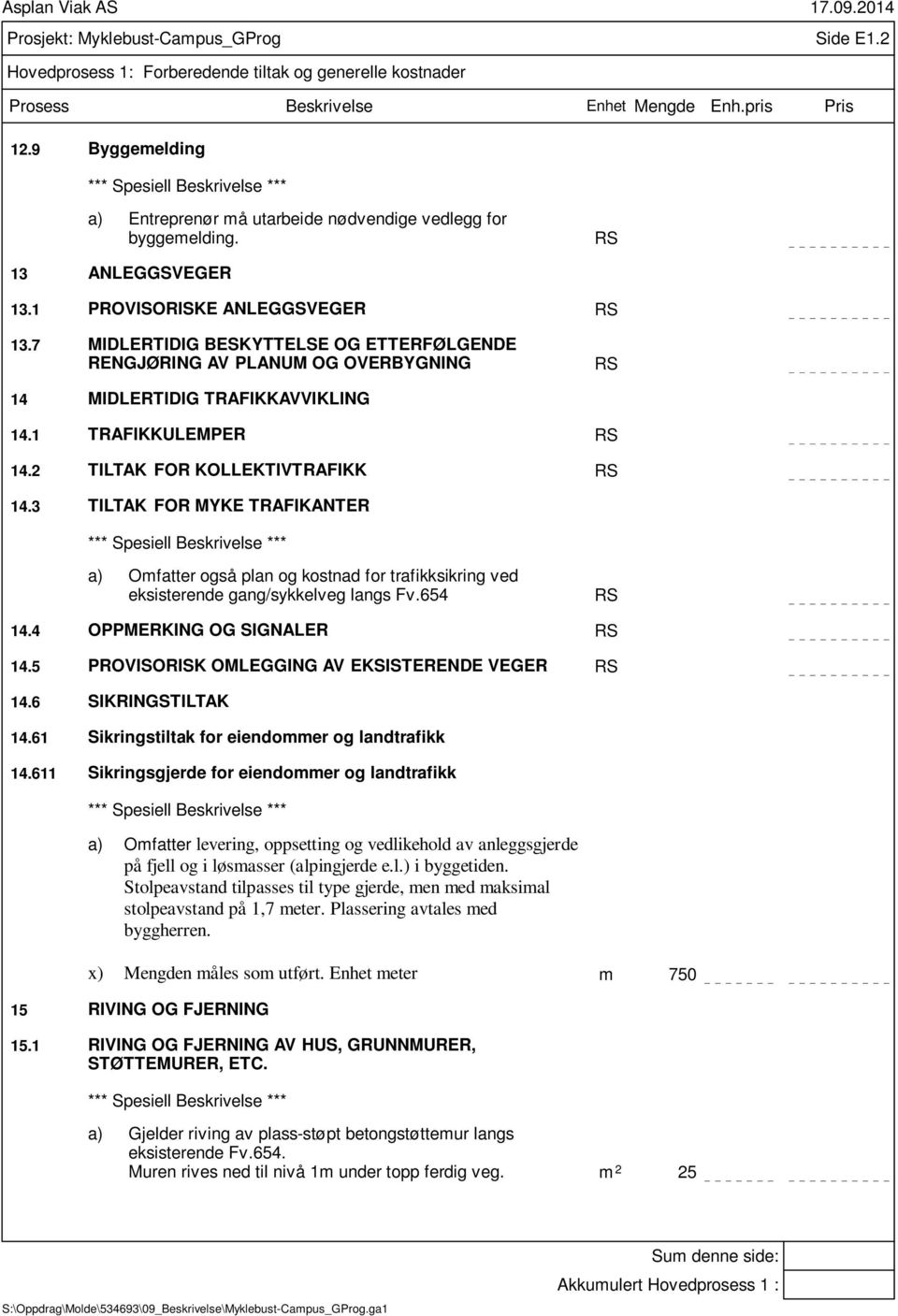 2 TILTAK FOR KOLLEKTIVTRAFIKK RS 14.3 TILTAK FOR MYKE TRAFIKANTER a) Omfatter også plan og kostnad for trafikksikring ved eksisterende gang/sykkelveg langs Fv.654 RS 14.4 OPPMERKING OG SIGNALER RS 14.