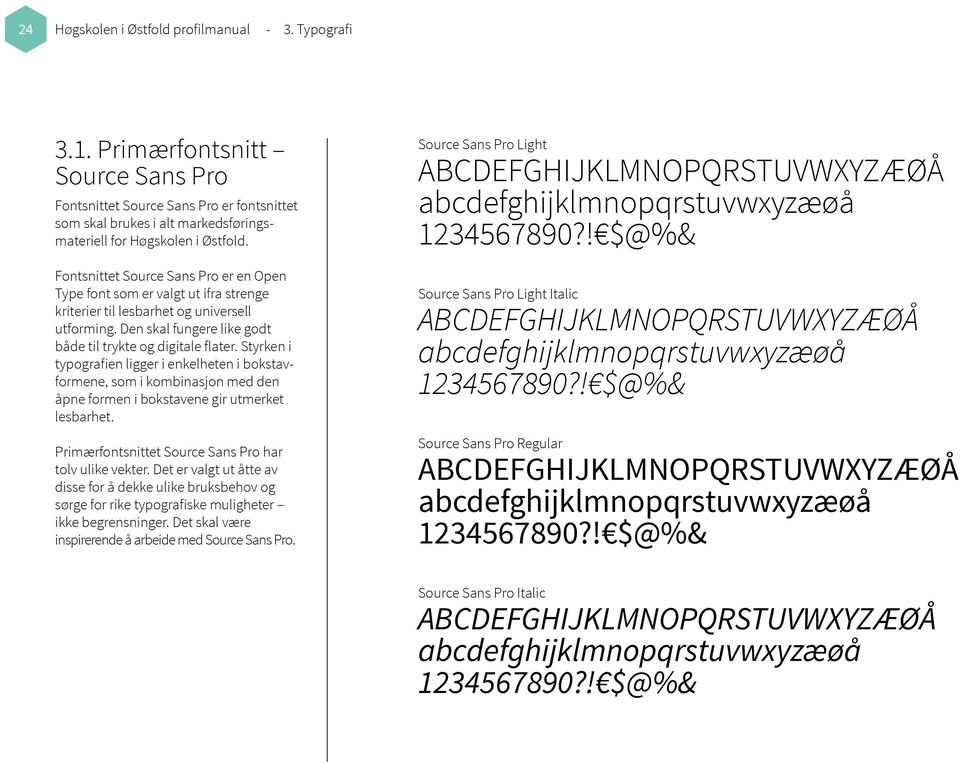 Fontsnittet Source Sans Pro er en Open Type font som er valgt ut ifra strenge kriterier til lesbarhet og universell utforming. Den skal fungere like godt både til trykte og digitale flater.