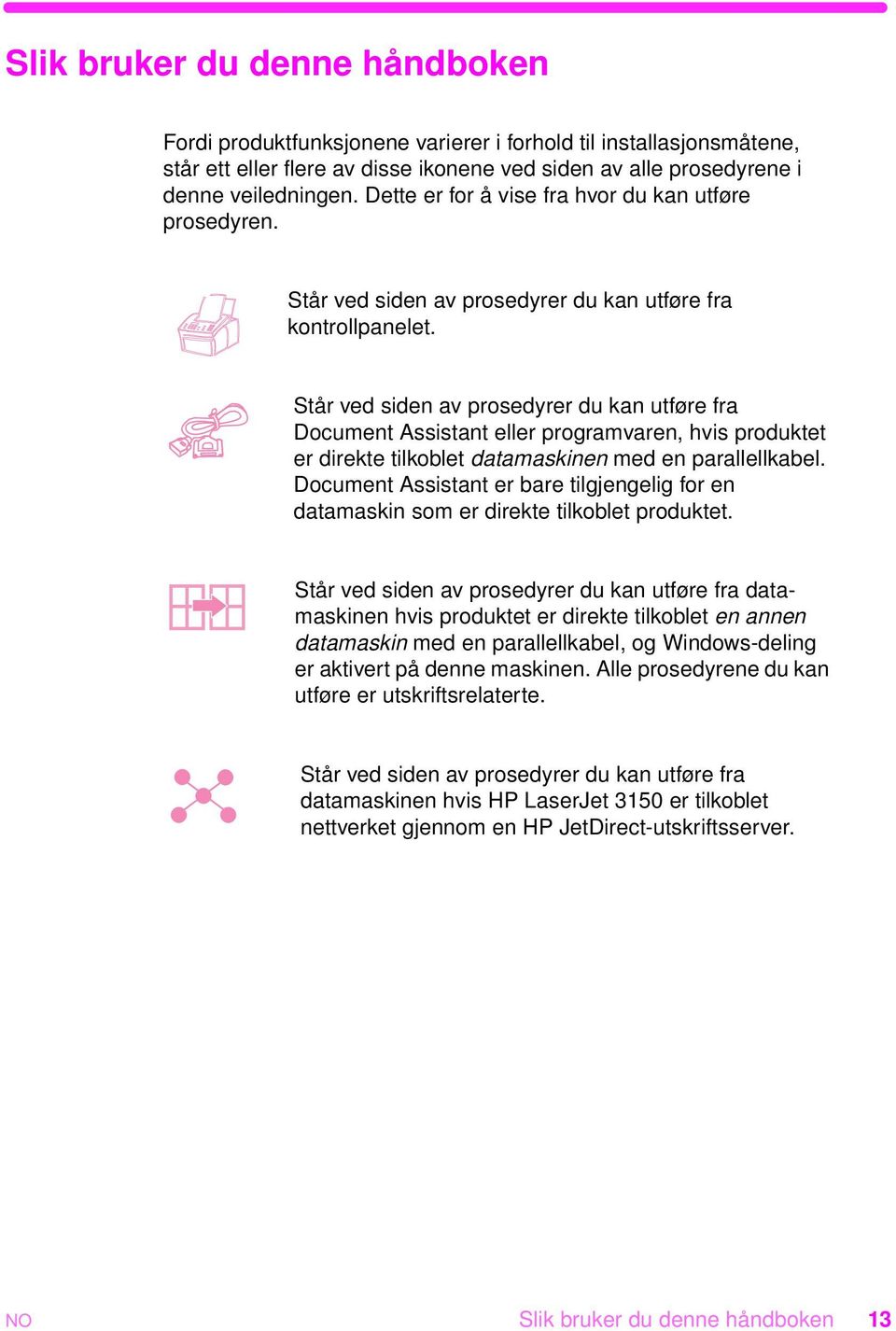 Står ved siden av prosedyrer du kan utføre fra Document Assistant eller programvaren, hvis produktet er direkte tilkoblet datamaskinen med en parallellkabel.