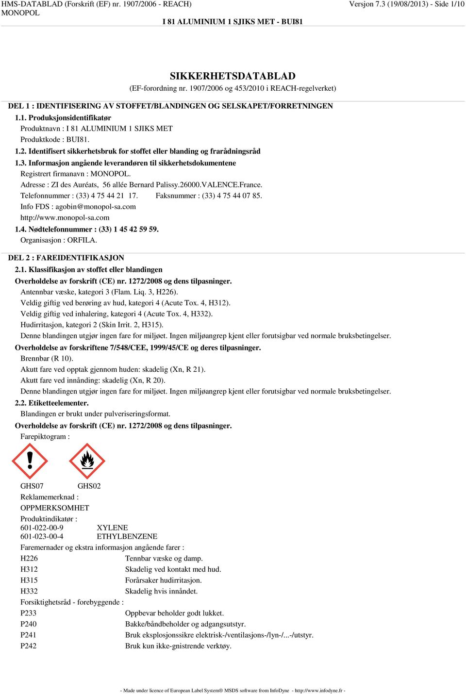 1.2. Identifisert sikkerhetsbruk for stoffet eller blanding og frarådningsråd 1.3. Informasjon angående leverandøren til sikkerhetsdokumentene Registrert firmanavn :.