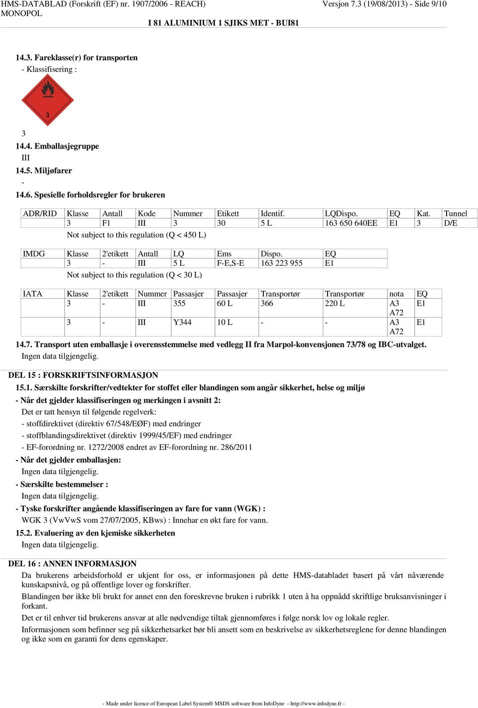 EQ 3 - III 5 L F-E,S-E 163 223 955 E1 Not subject to this regulation (Q < 30 L) IATA Klasse 2'etikett Nummer Passasjer Passasjer Transportør Transportør nota EQ 3 - III 355 60 L 366 220 L A3 E1 A72 3