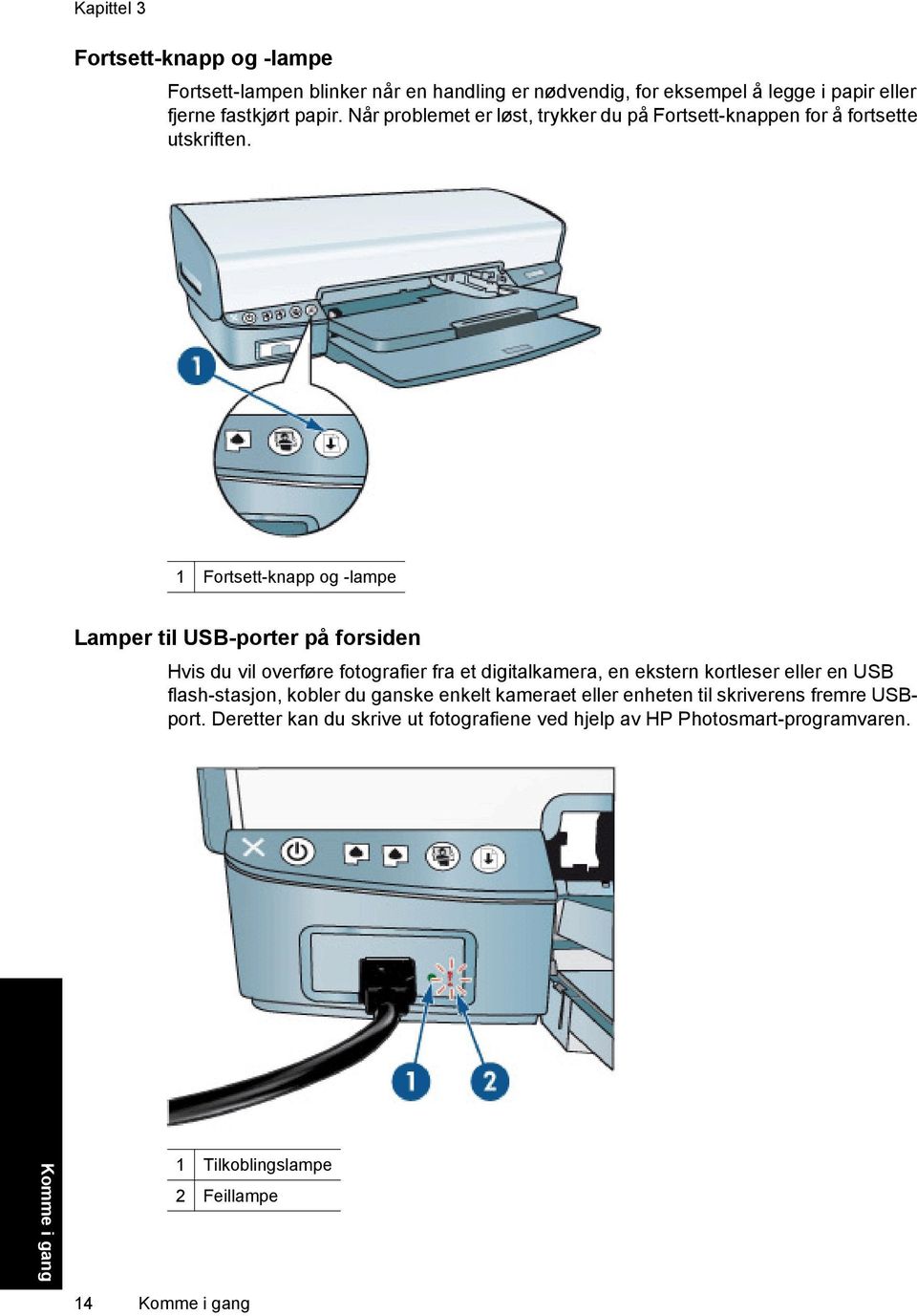 1 Fortsett-knapp og -lampe Lamper til USB-porter på forsiden Hvis du vil overføre fotografier fra et digitalkamera, en ekstern kortleser eller en USB