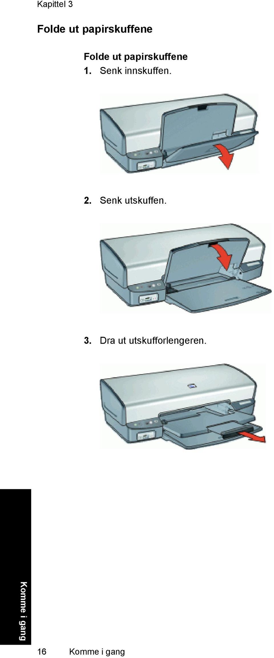 Senk innskuffen. 2. Senk utskuffen. 3.