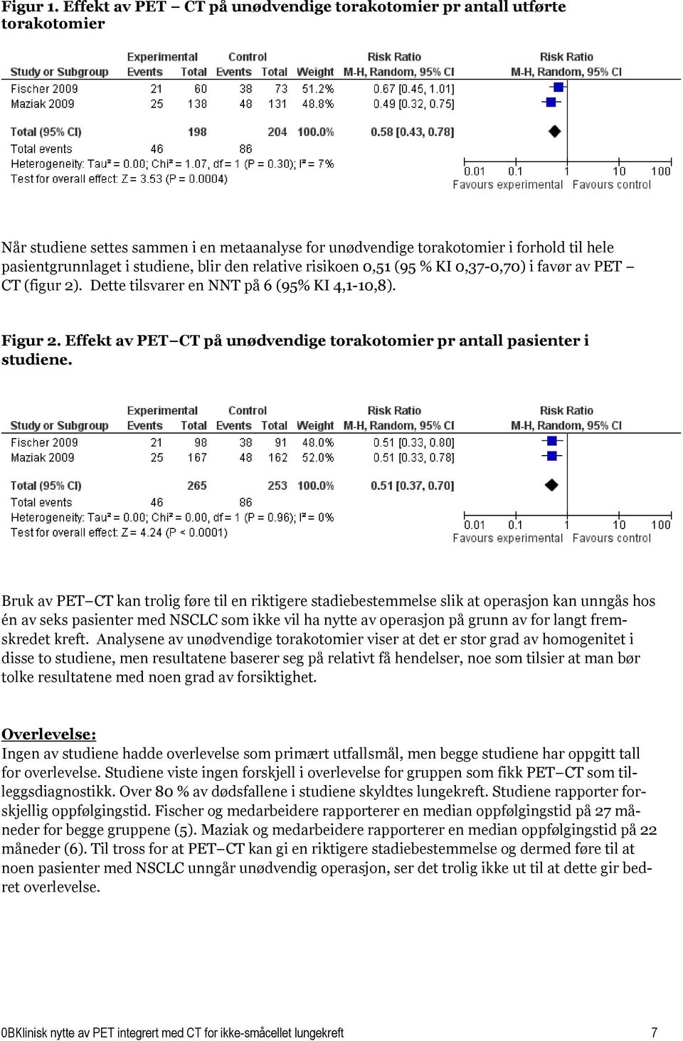 blir den relative risikoen 0,51 (95 % KI 0,37-0,70) i favør av PET CT (figur 2). Dette tilsvarer en NNT på 6 (95% KI 4,1-10,8). Figur 2.