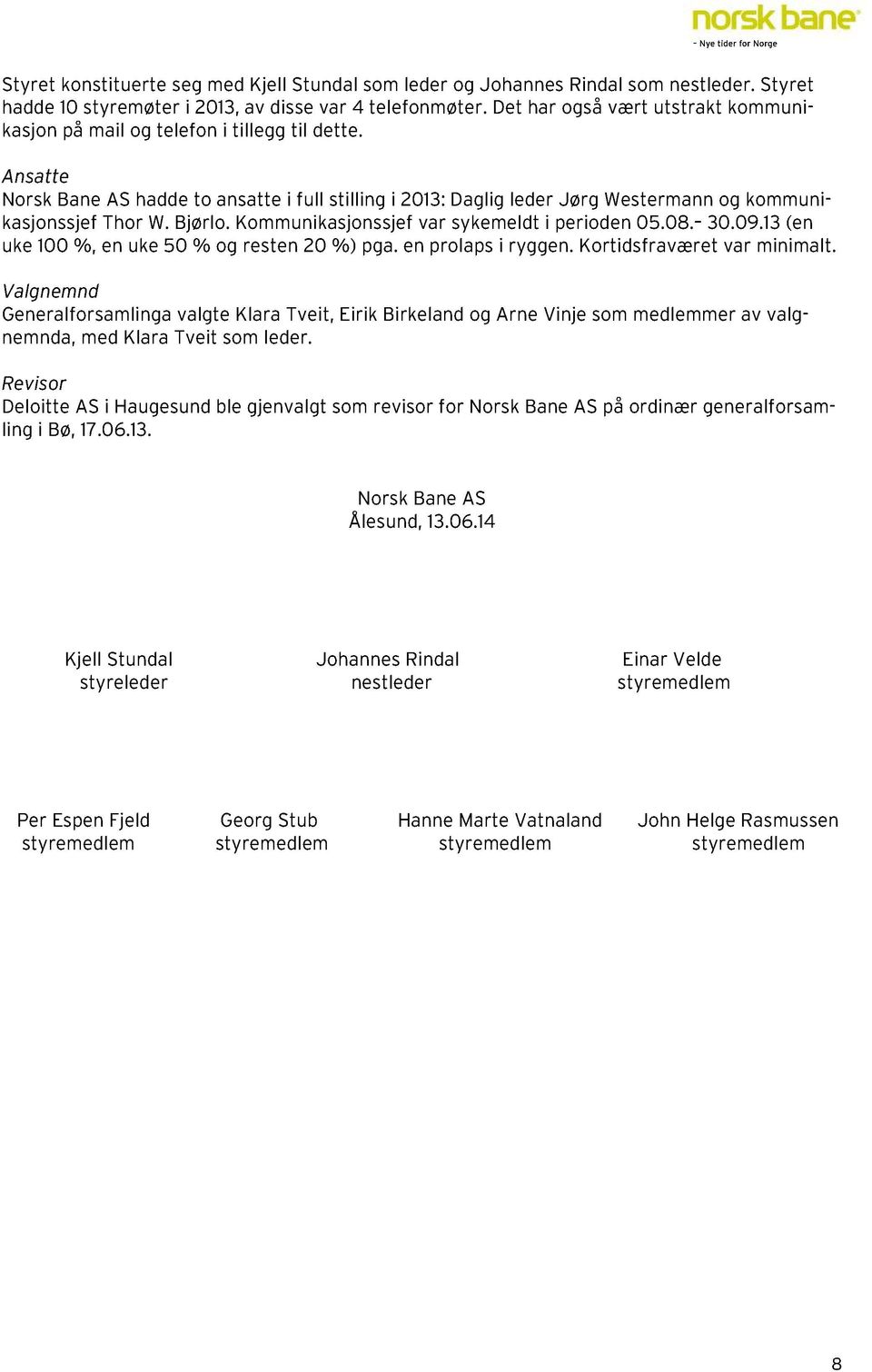 Ansatte Norsk Bane AS hadde to ansatte i full stilling i 2013:Daglig leder Jørg Westermann og kommunikasjonssjef Thor W. Bjørlo. Kommunikasjonssjef var sykemeldt i perioden 05.08. 30.09.