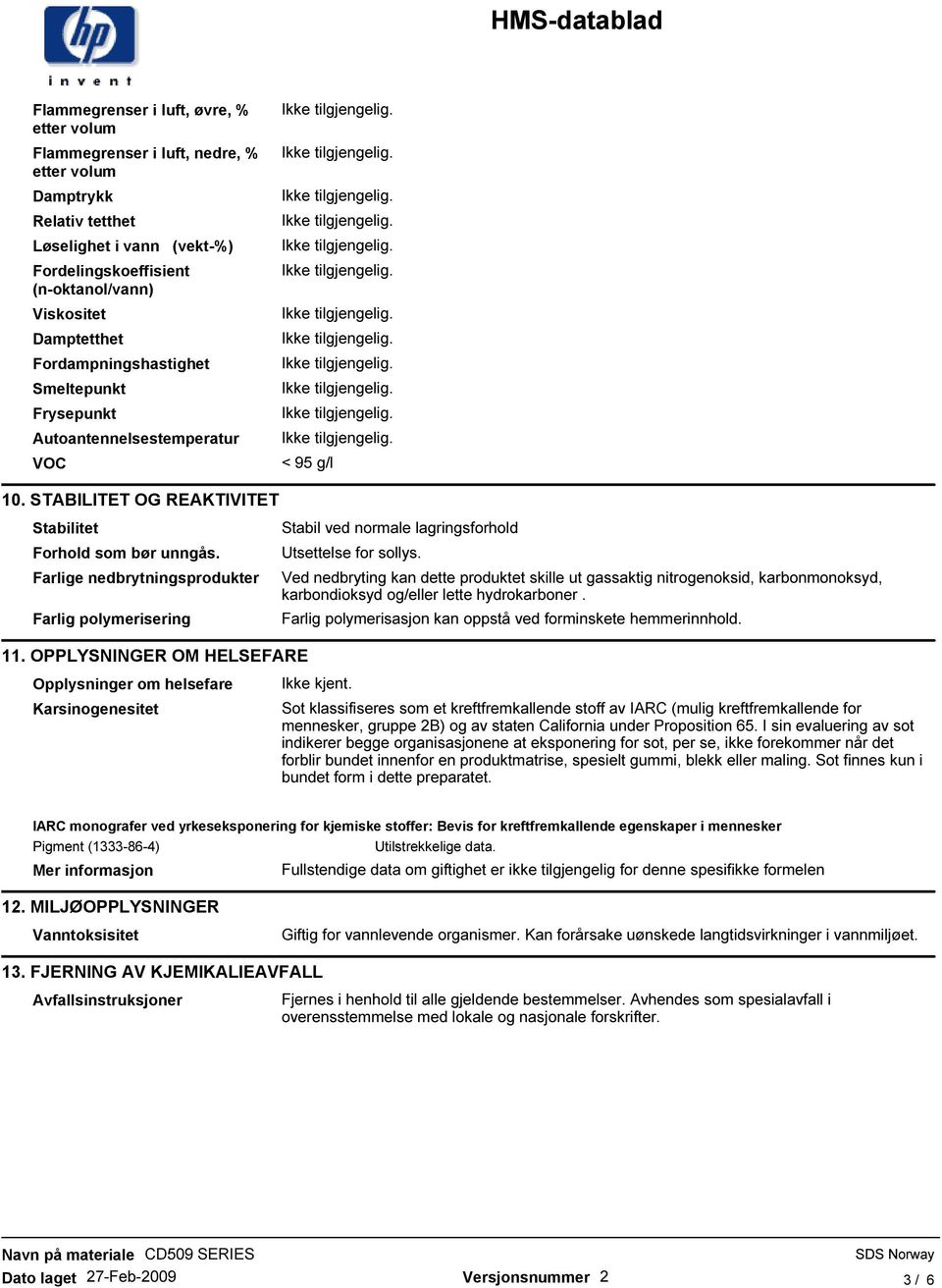 Farlige nedbrytningsprodukter Farlig polymerisering Stabil ved normale lagringsforhold Utsettelse for sollys.