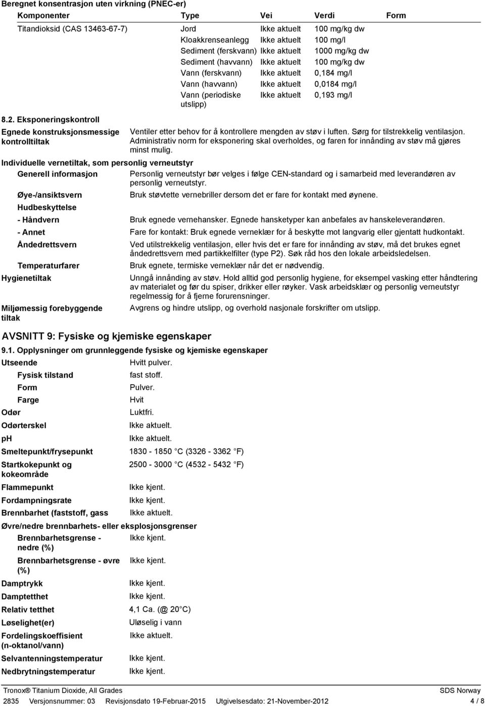 2. Eksponeringskontroll Egnede konstruksjonsmessige kontrolltiltak Form Ventiler etter behov for å kontrollere mengden av støv i luften. Sørg for tilstrekkelig ventilasjon.